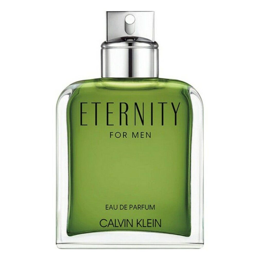 Flacon carré en verre avec liquide vert. Inscription noire: ETERNITY FOR MEN, Eau de Parfum, CALVIN KLEIN. Tête de pulvérisation argentée.
