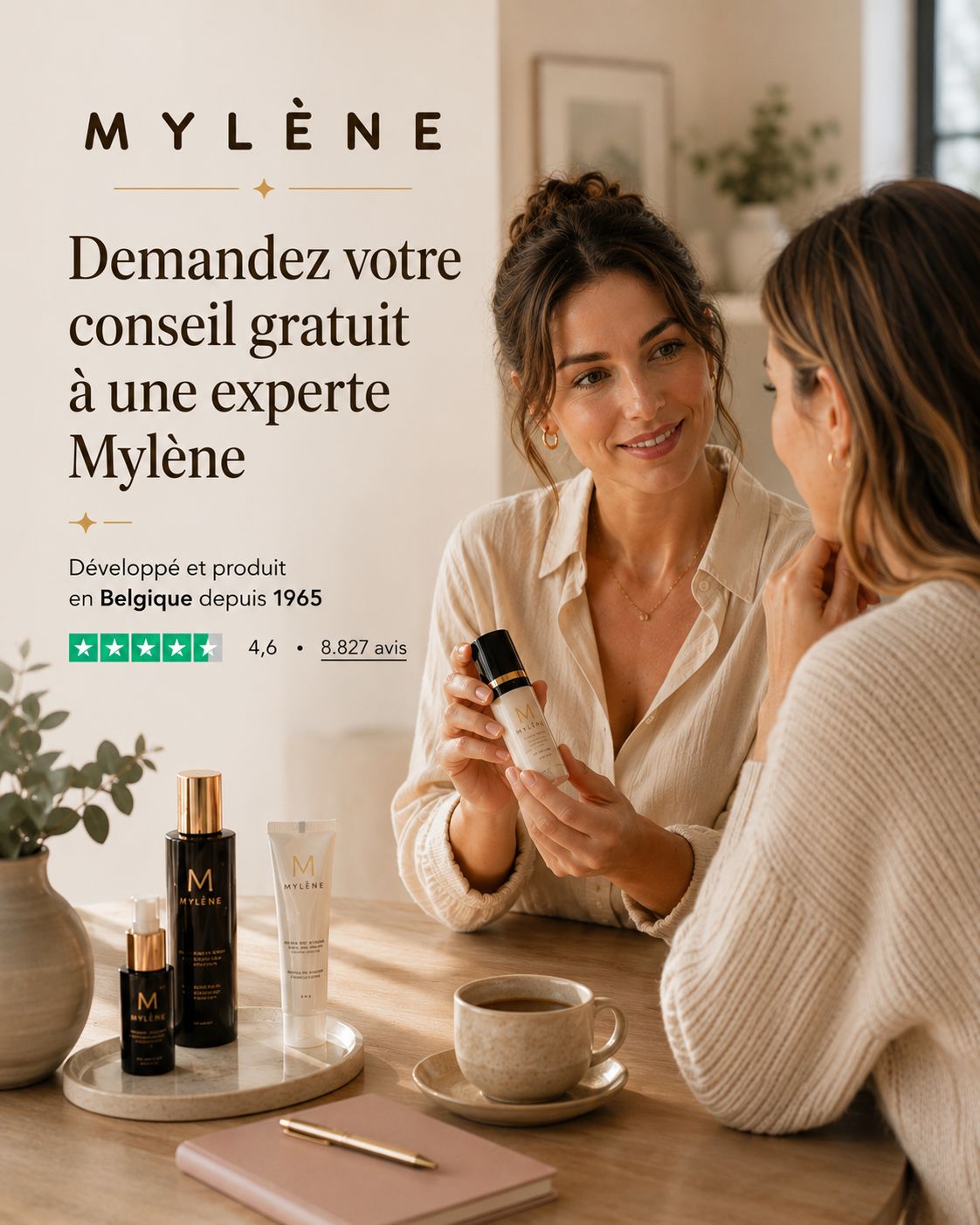 Deux femmes assises à une table. Sur la table: produits, tasse. Texte: Mylène, Demandez votre conseil gratuit.