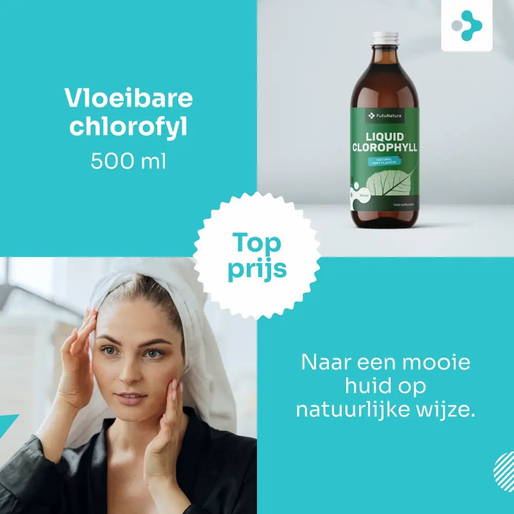 Productafbeelding met vrouw. Fles "Vloeibare chlorofyl" naast gezicht. Tekst: "Top prijs".