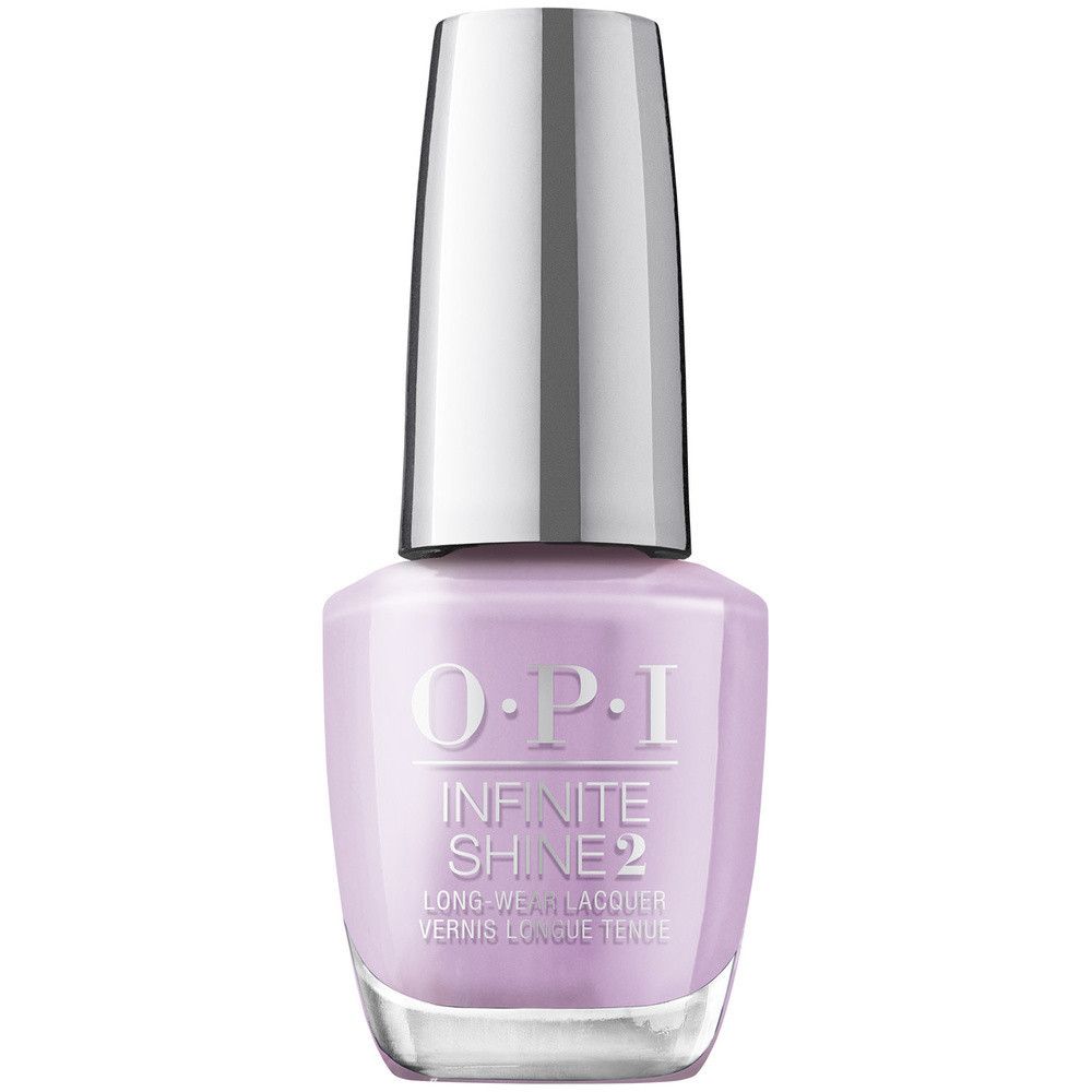 Flacon de vernis à ongles OPI, violet, avec bouchon argenté. Inscription : Infinite Shine 2.