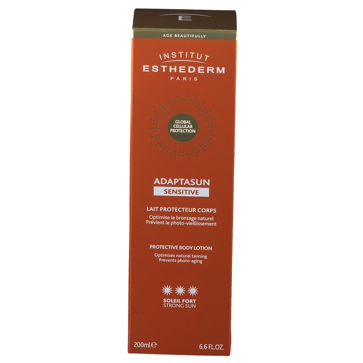 Oranje doos. Opschrift: INSTITUT ESTHEDERM, Adaptasun Sensitive, Lait Protecteur Corps, Soleil Fort. 200ml. Logo Global Cellular Protection.