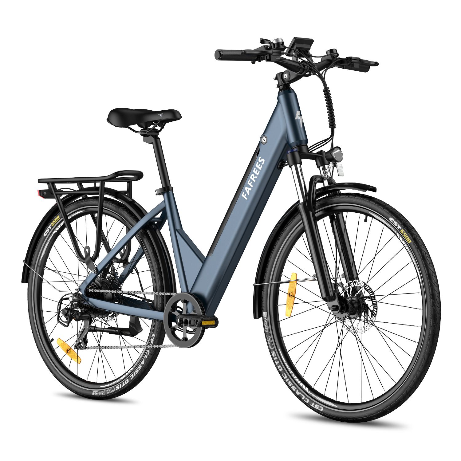 Vélo électrique bleu avec porte-bagages. Marque FAFREES. Pneus et garde-boue noirs. Réflecteurs jaunes.