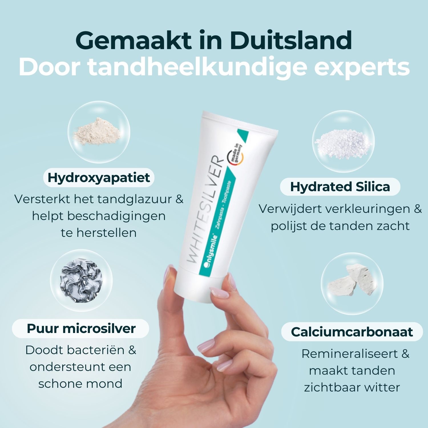 Tandpasta met ingrediënten. Whitesilver tandpasta. Made in Germany.