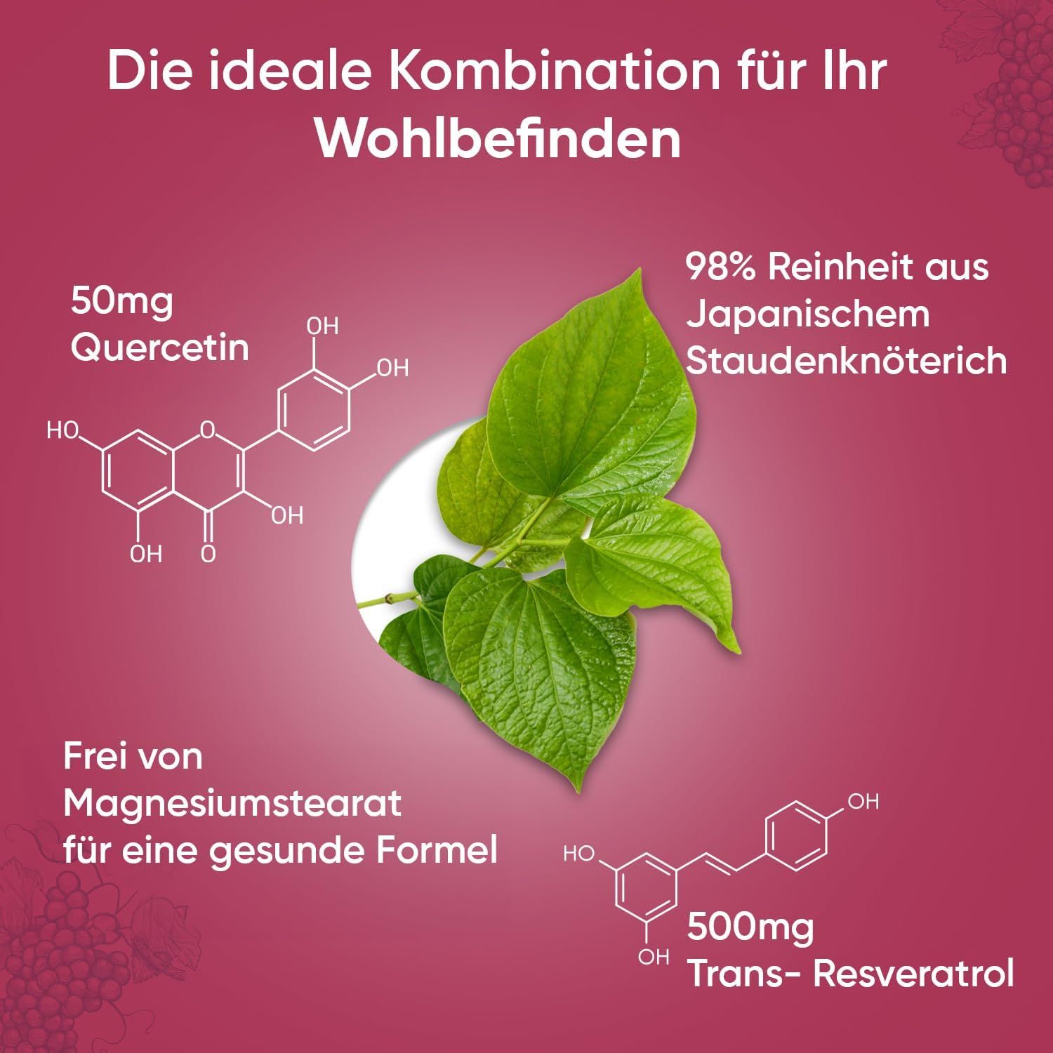 Graphique avec ingrédients. 50mg Quercétine, formule chimique. 500mg Trans-Resvératrol, formule chimique. Feuilles.