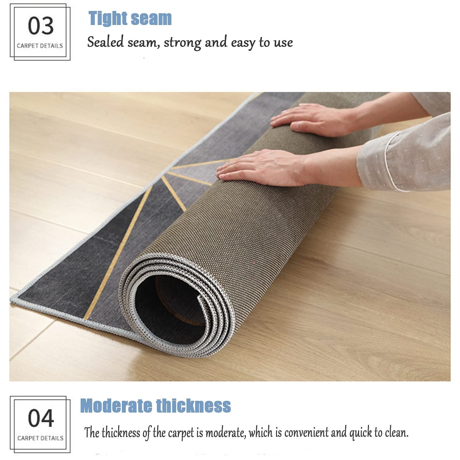 Tapijt met geometrisch patroon wordt opgerold. Tekst: Strakke naad. Sterk en gemakkelijk te gebruiken. Matige dikte.