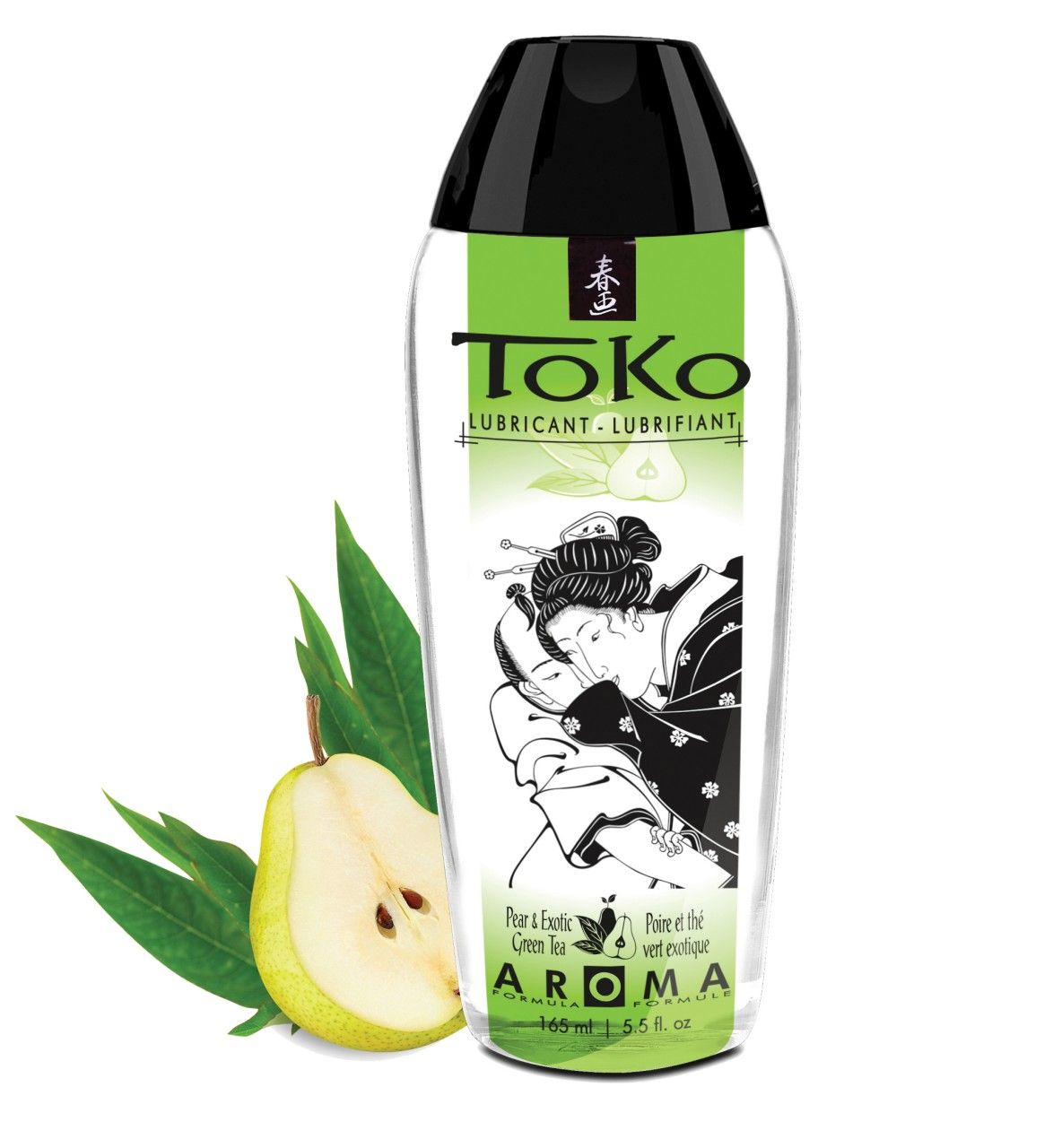 Bouteille transparente avec étiquette verte, représentant une figure japonaise et une poire.