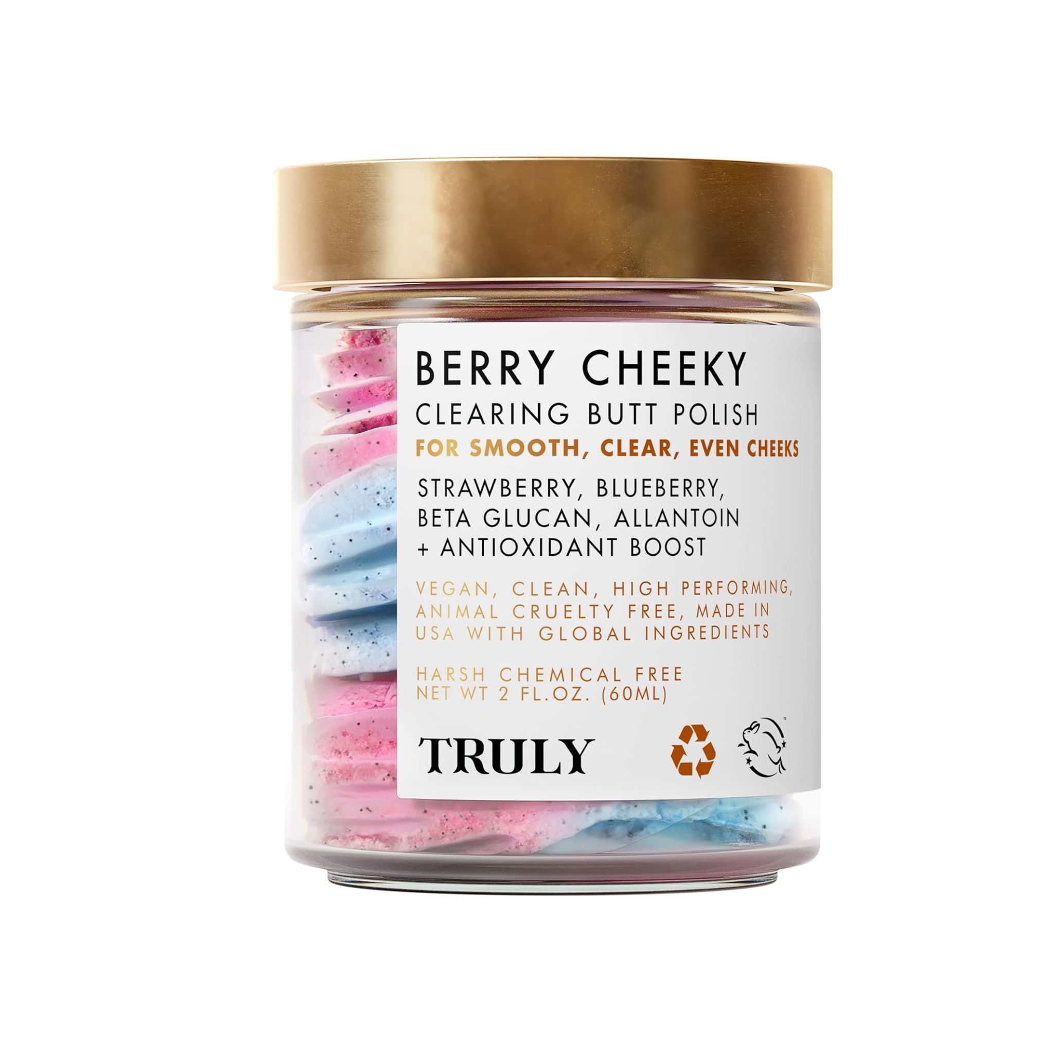 Glazen pot met roze en blauw product. Productlabel met tekst. Gouden deksel.