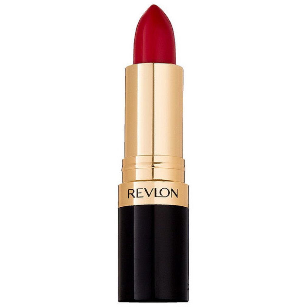 Rouge à lèvres Revlon, rouge. Corps doré, base noire. REVLON est écrit sur le corps.
