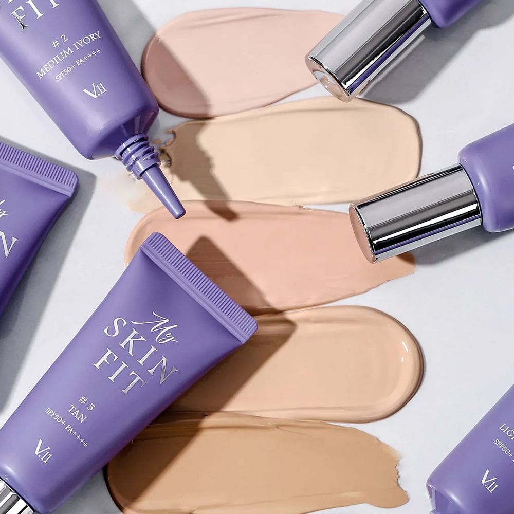 Meerdere BB Cream tubes en kleurstalen. Opschrift: My Skin Fit, #2, #3, #5, SPF50+ PA++++, V11.