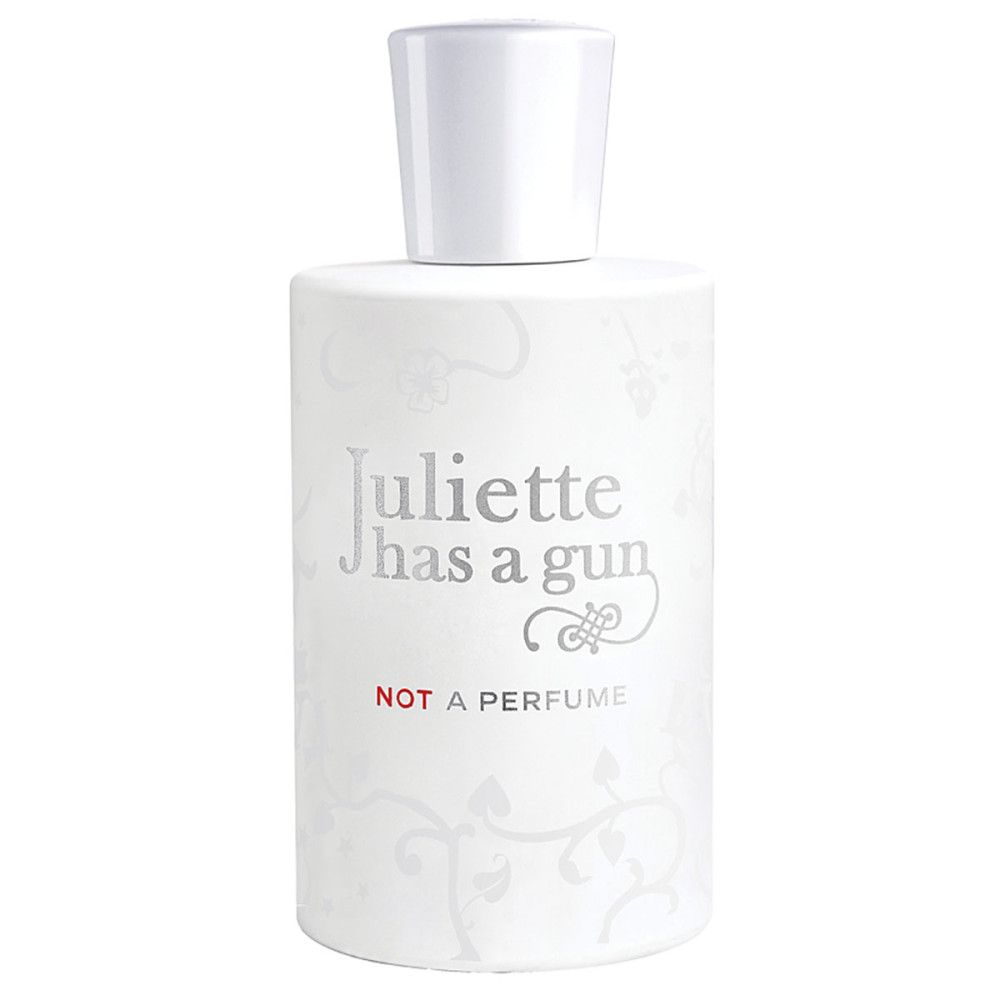 Flacon blanc avec bouchon blanc. Inscription: Juliette has a gun NOT A PERFUME.