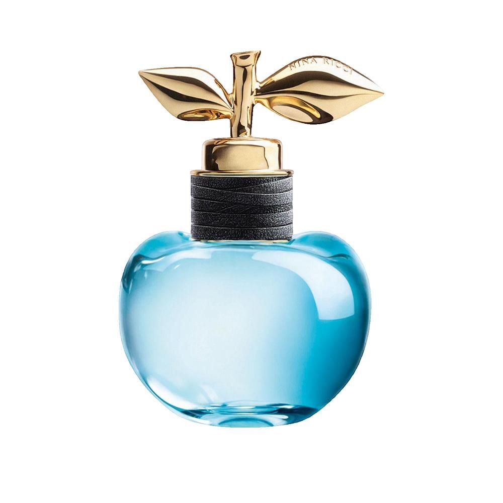 Lichtblauwe parfumfles met gouden dop in appelvorm. Zwarte kraag.