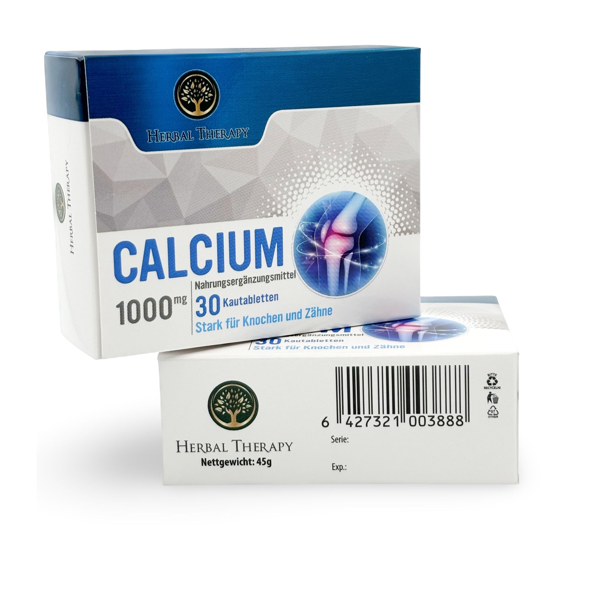Deux boîtes Herbal Therapy KALZIUM 1000 mg. Une ouverte, l'autre en dessous. Code-barres et informations produit.