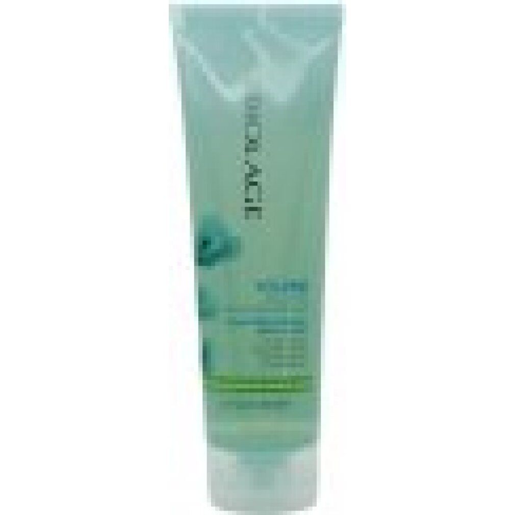 Tube verte avec bouchon blanc. Logo Biolage et nom du produit. Texte: Volume Bloom Aqua-Gel Conditioner.