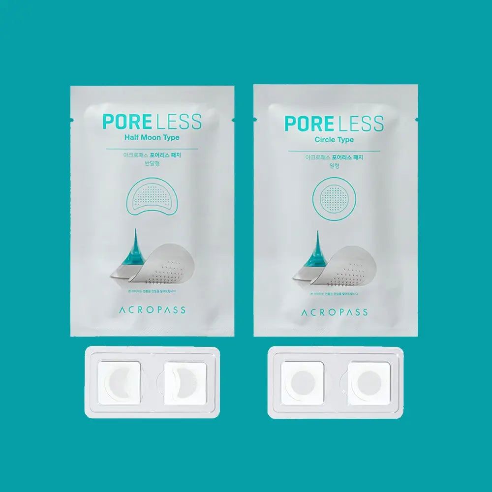 Deux paquets ACROPASS Poreless. Type Half Moon et Circle. Deux contenants avec produit. Fond turquoise.
