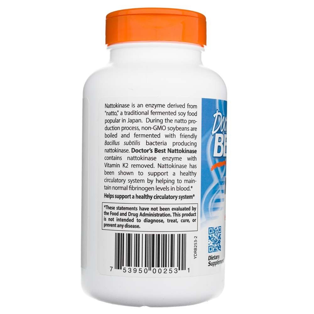 Dos d'une bouteille Doctor's Best Nattokinase avec description du produit et code-barres. Vegan.