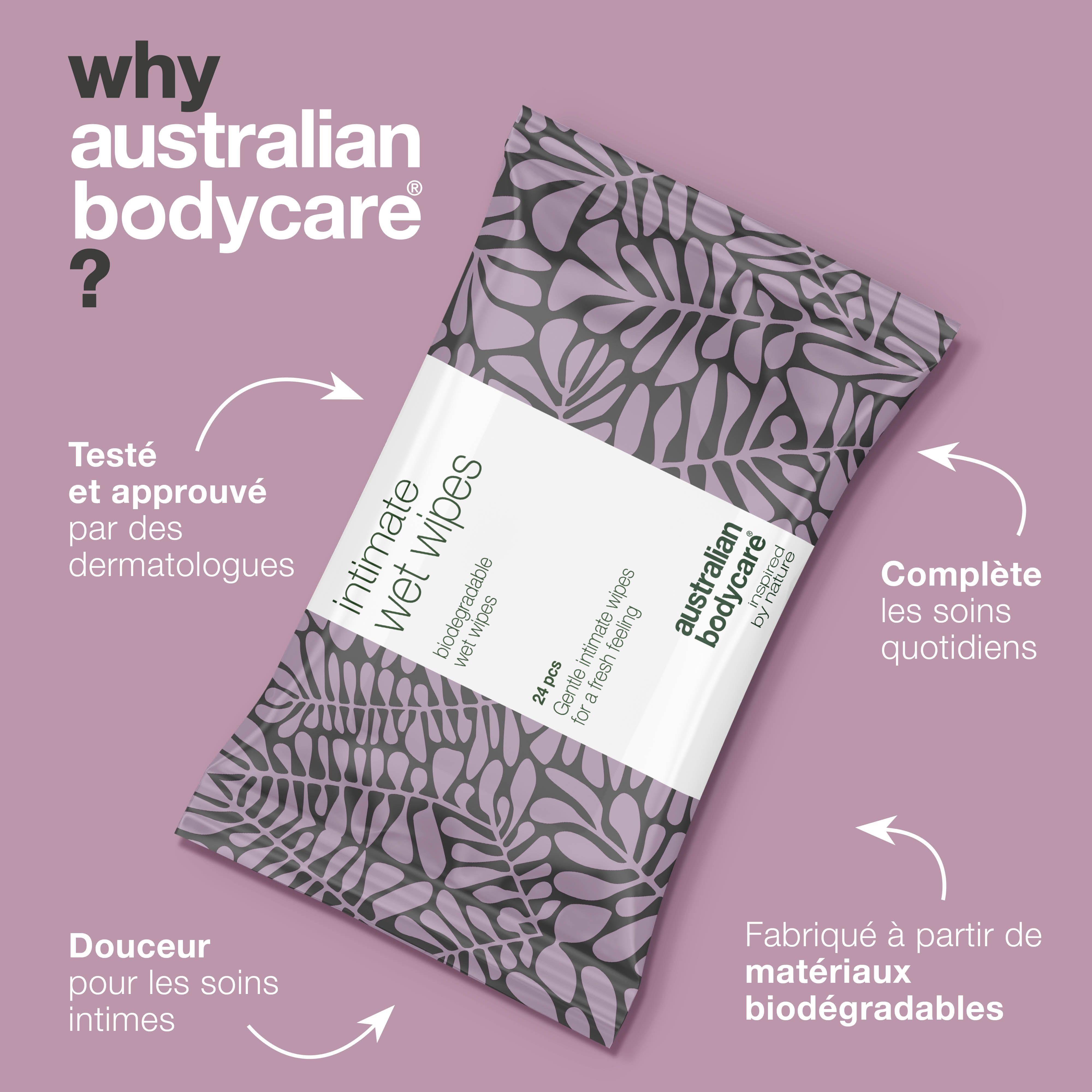 Emballage lingettes intimes. Texte : Testé et approuvé par les dermatologues. Complète les soins quotidiens. Douceur.