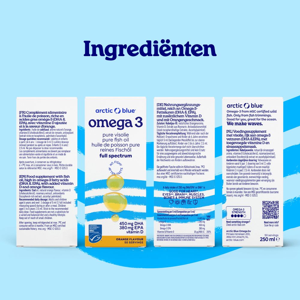 Gele druppels en iconen die voordelen van omega-3 en vitamine D voor hart, ogen, hersenen en immuunsysteem uitleggen.