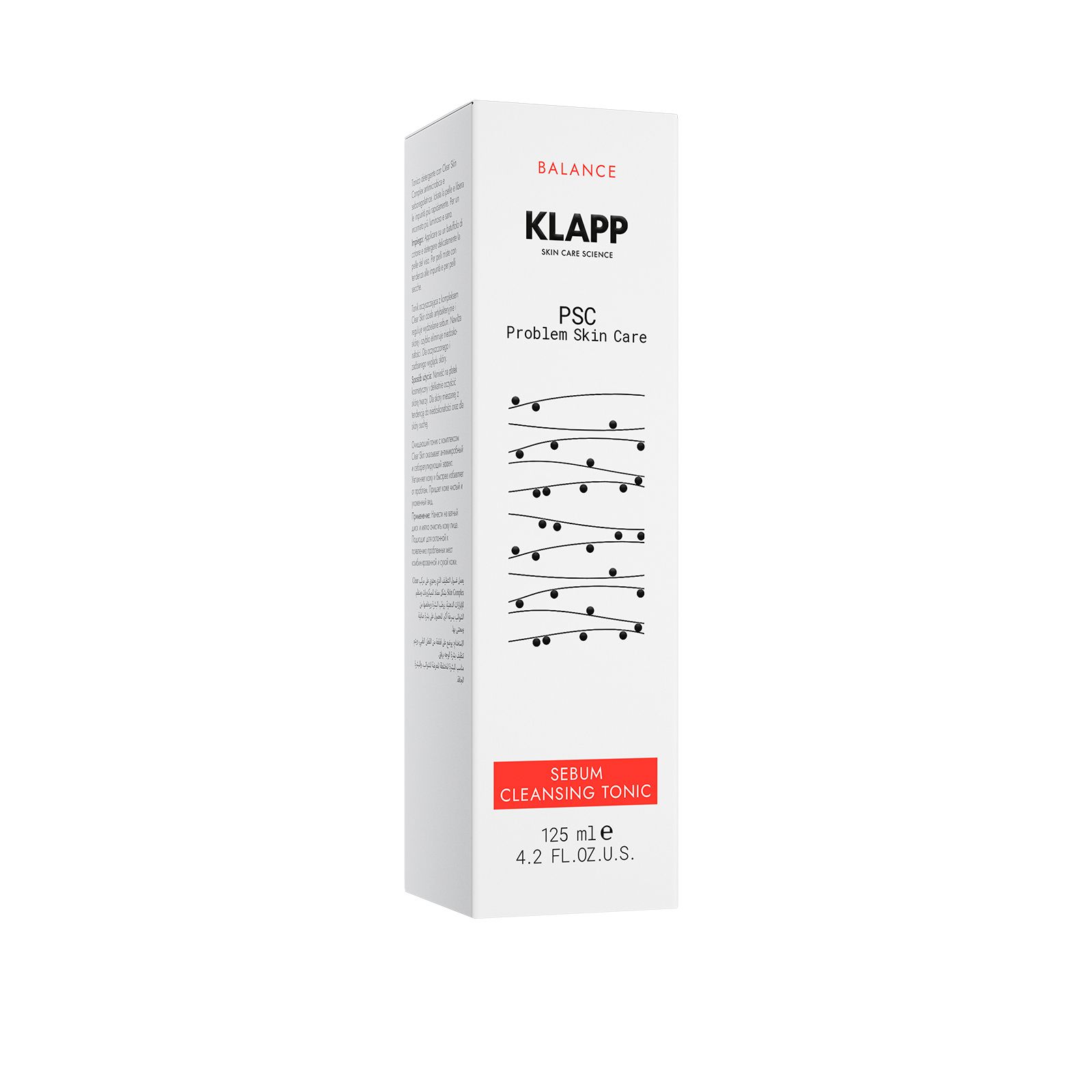 Klapp PSC Problem Skin Care Sebum Cleansing Lotion. Witte verpakking met productinfo. 125 ml.