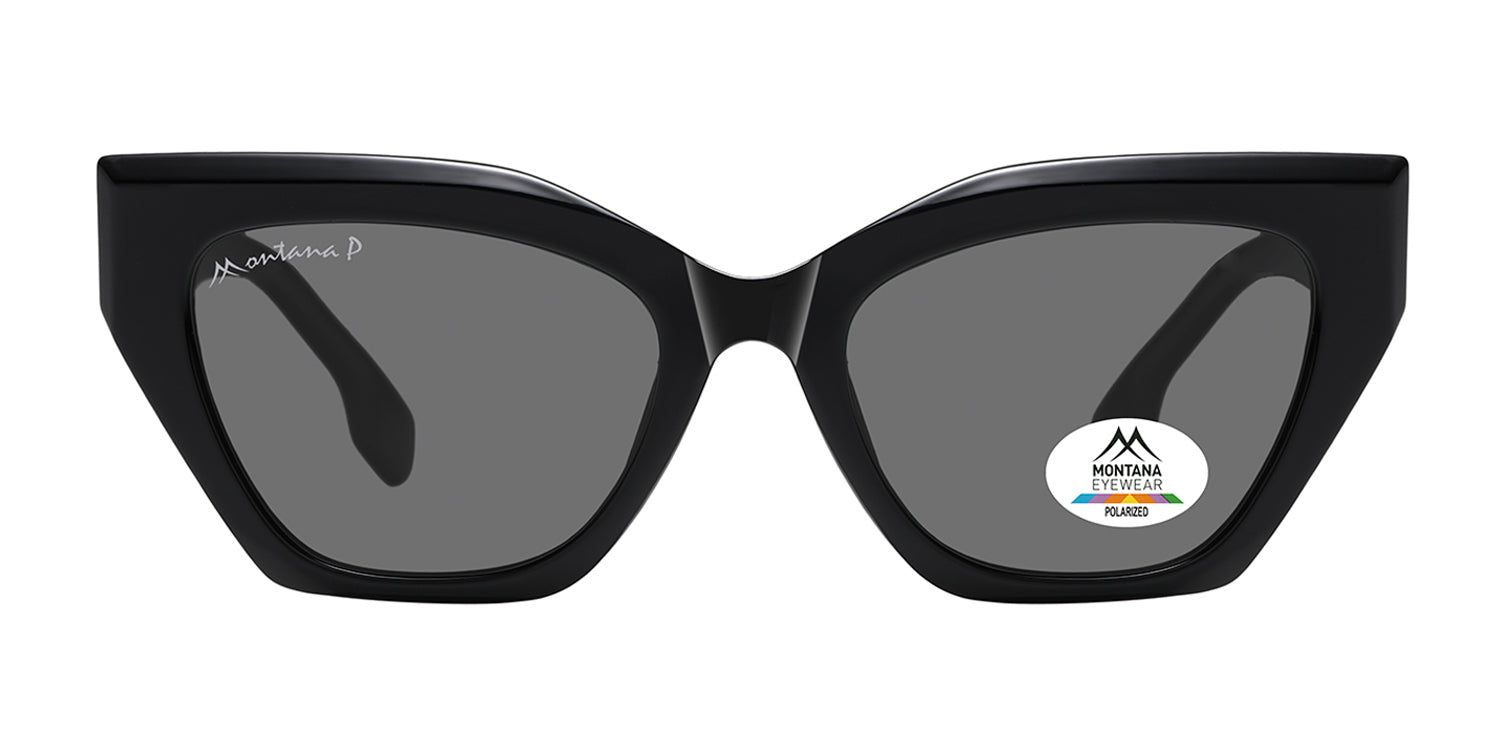 Lunettes de soleil noires, verres gris. Forme œil de chat. Logo Montana Eyewear sur la branche et le verre. Polarisées.