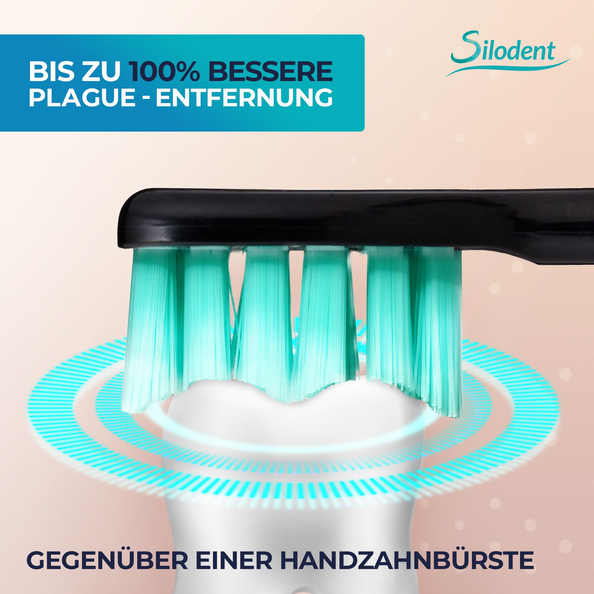 Gros plan sur la tête d'une brosse à dents sonique avec des poils turquoise, simulant des ondes soniques.