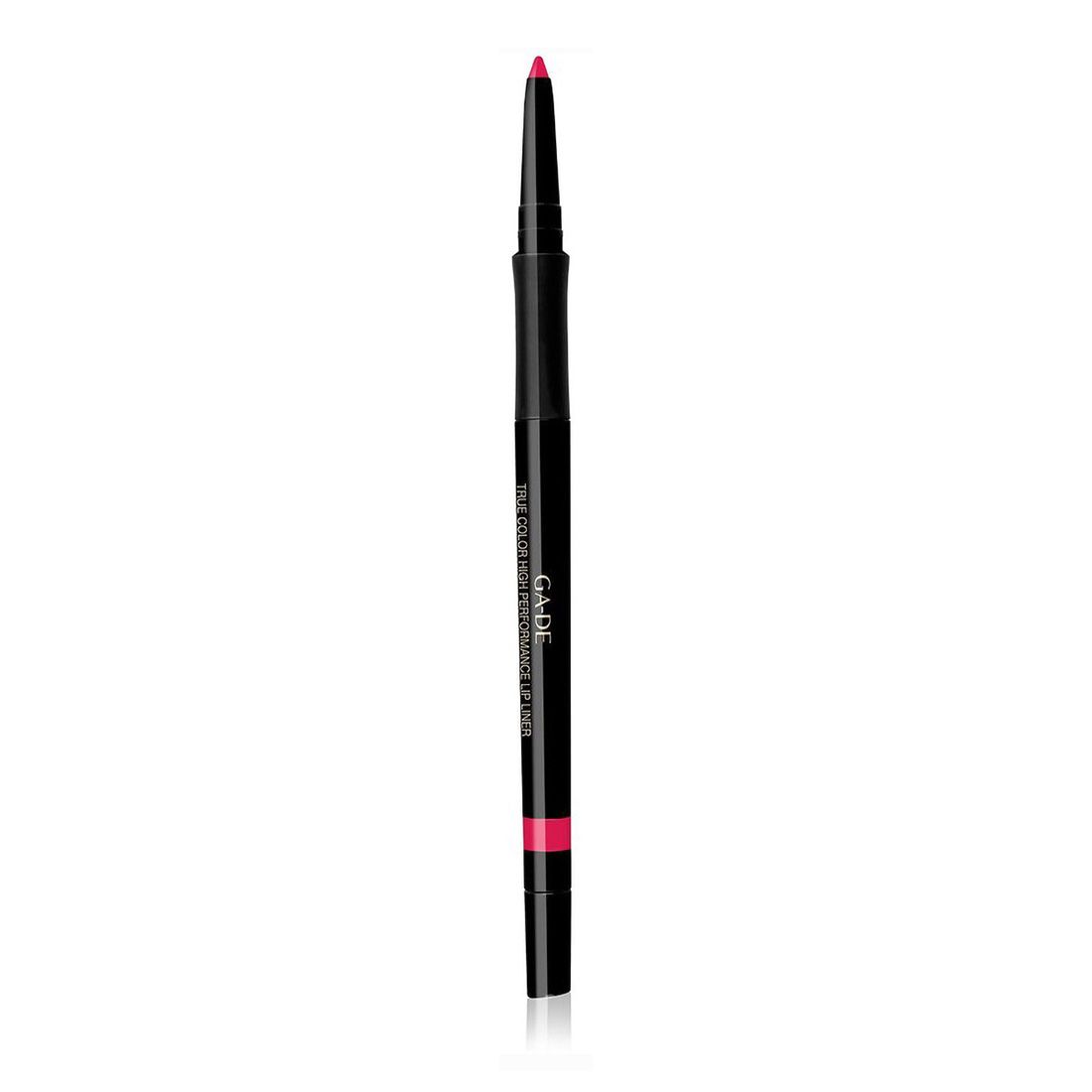 Zwarte lipliner met roze punt. Opschrift: GA-DE TRUE COLOR HIGH PERFORMANCE LIP LINER.
