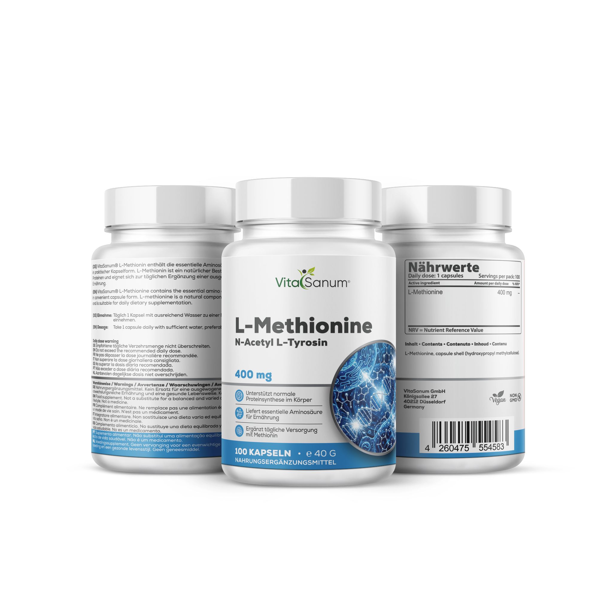 VitaSanum L-Methionine 400 mg capsules: Drie witte containers met blauwe etiketten met L-Methionine en N-Acetyl L-Tyrosine.