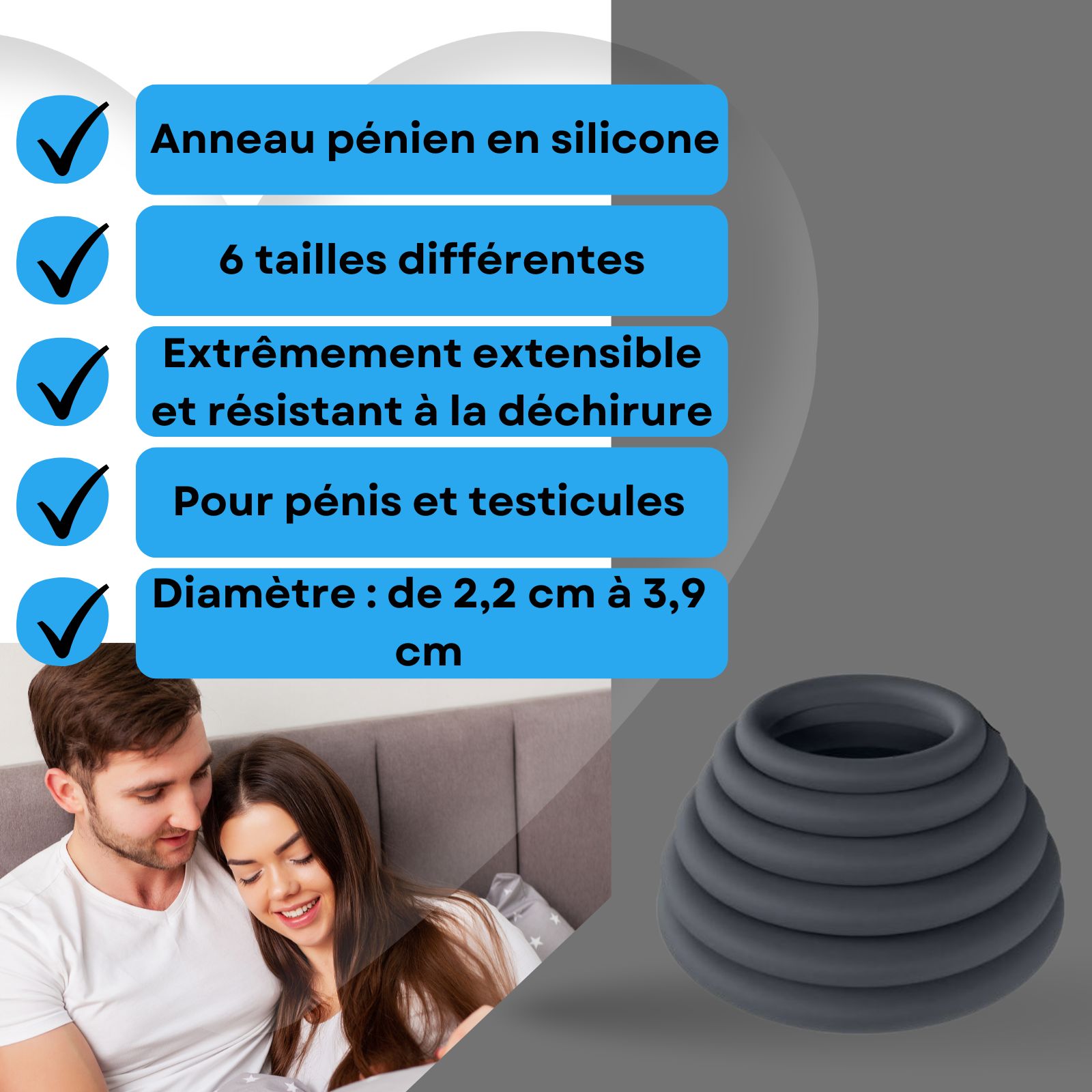 Anneau pénien en silicone gris, 6 tailles, extensible, résistant. Diamètre 2,2-3,9 cm.