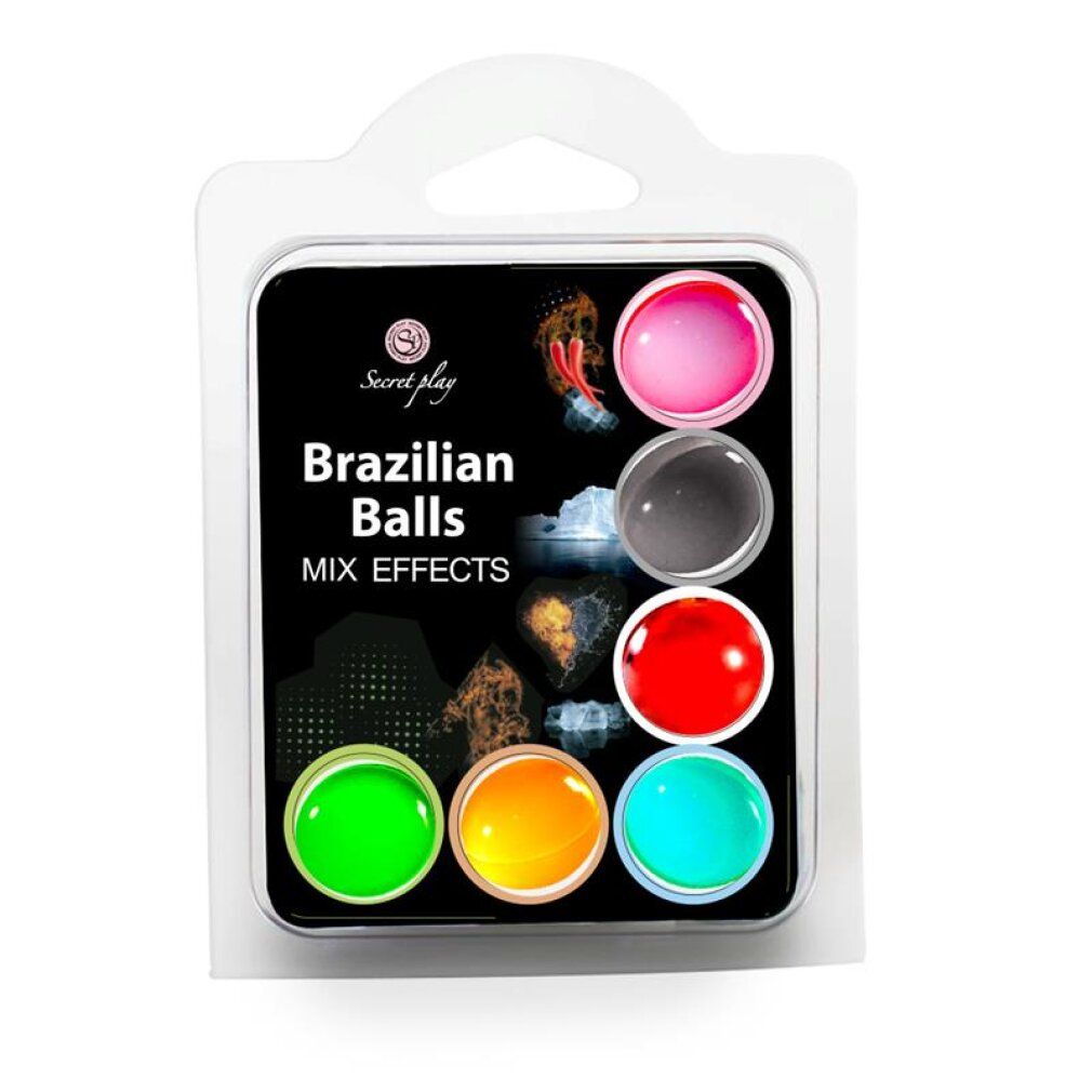 Verpakking met zes gekleurde ballen in roze, grijs, rood, groen, oranje en turquoise.