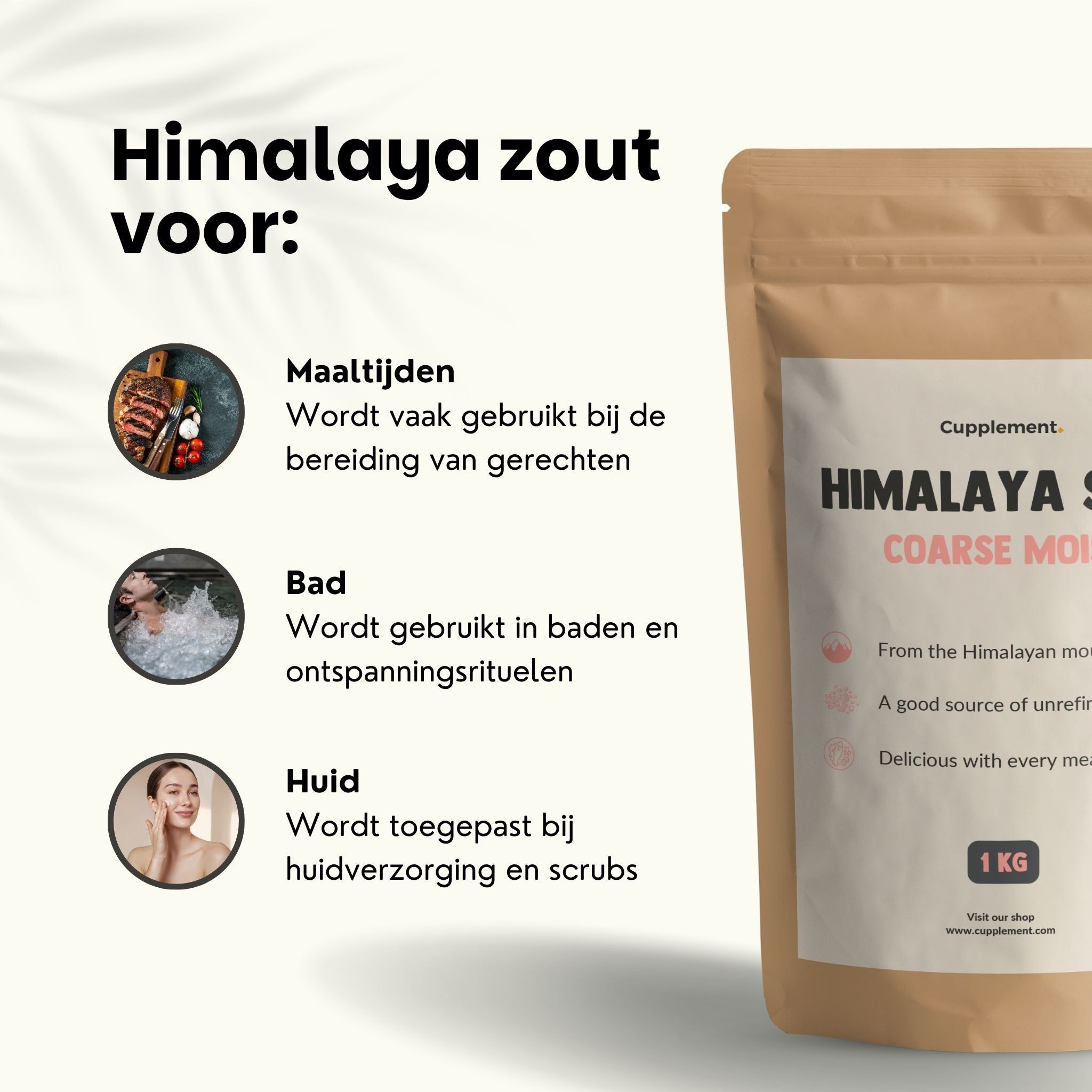 Zak Himalaya zout, grof, vochtig. Tekst: Cupplement, Himalaya Salt, 1 kg. Voor maaltijden, bad, huid.