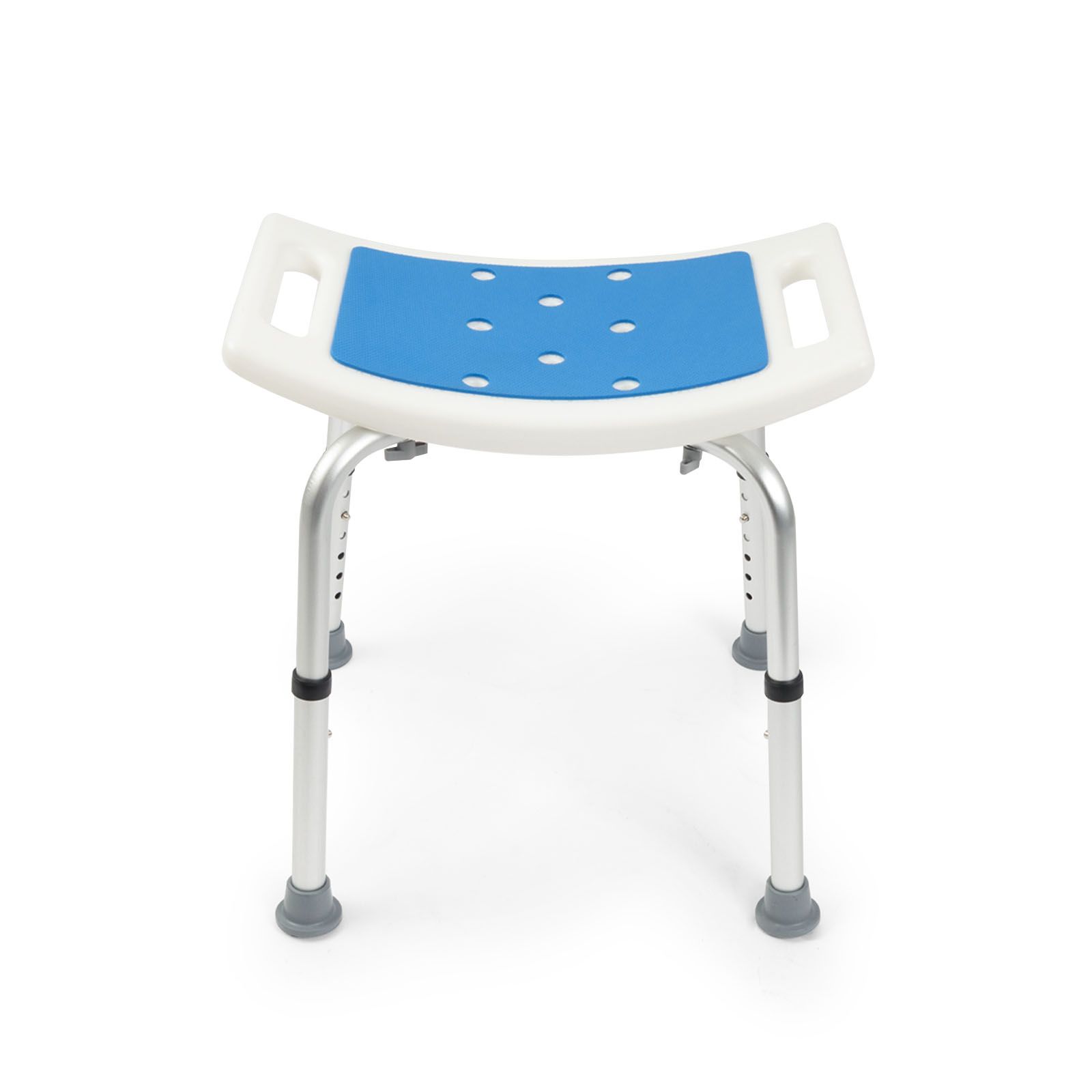 Tabouret de douche blanc et bleu, trous dans l'assise. Pieds réglables en hauteur, embouts caoutchouc.