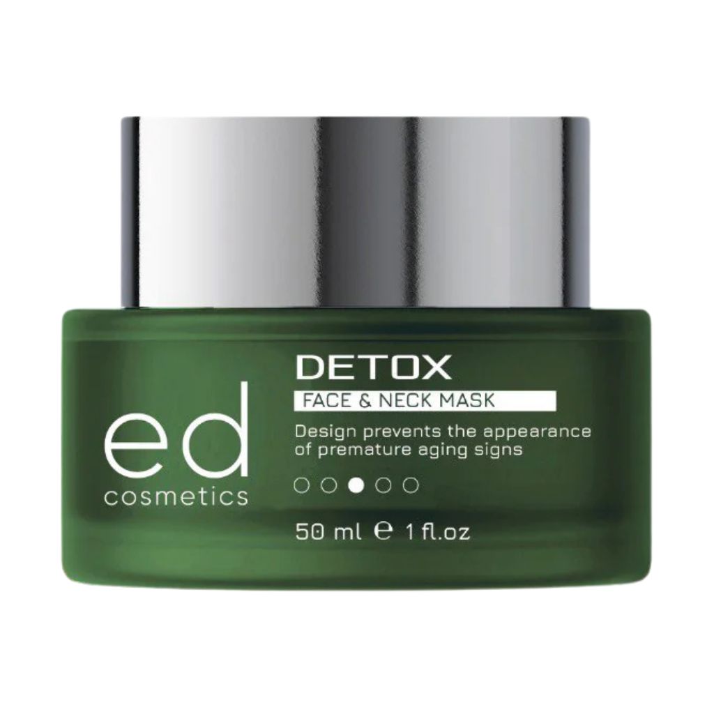 Pot vert avec couvercle argenté. Inscription : "ed cosmetics DETOX FACE & NECK MASK". 50 ml.