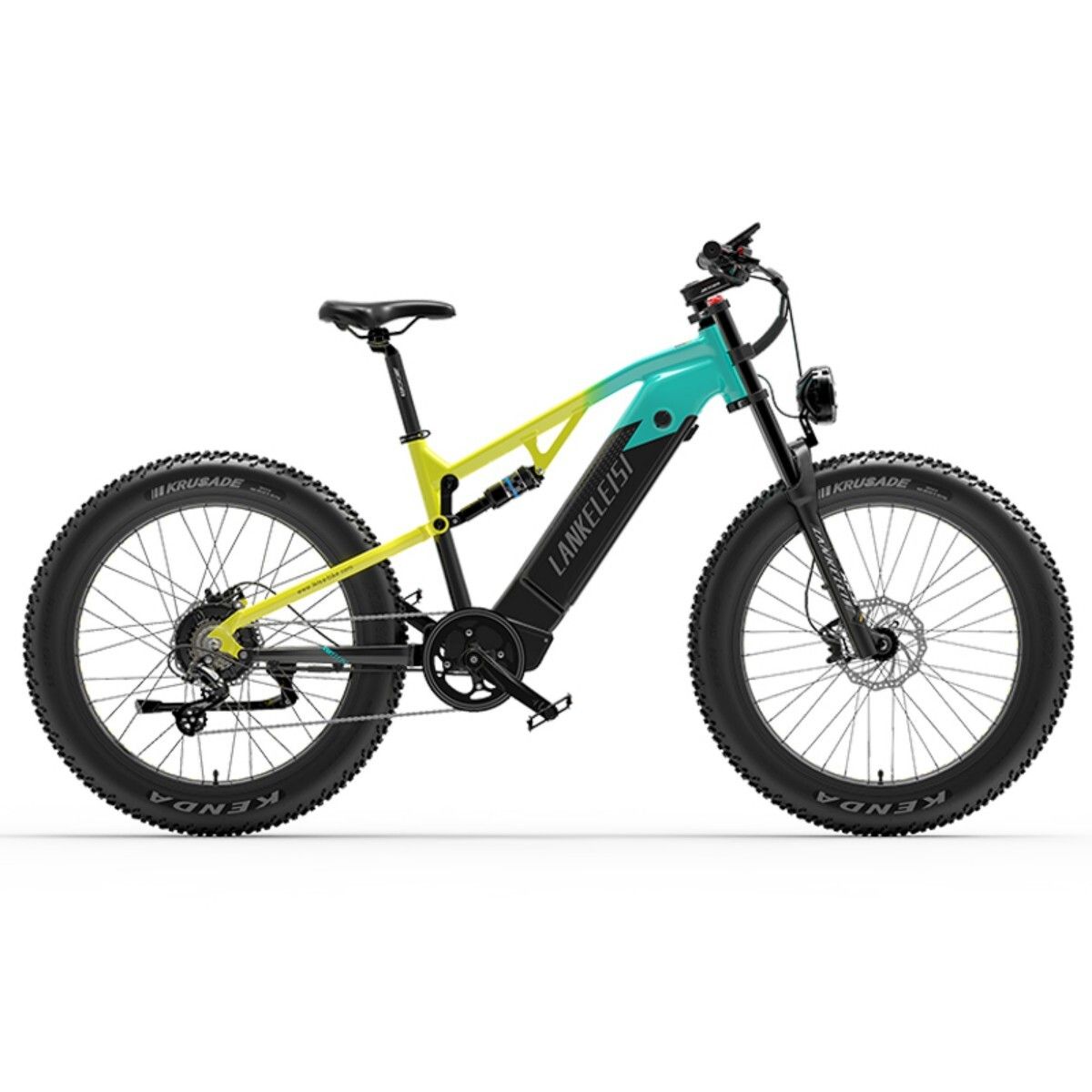 VTT électrique Lankeleisi RV800 Plus. Cadre jaune-turquoise, pneus noirs. Marque sur le cadre.