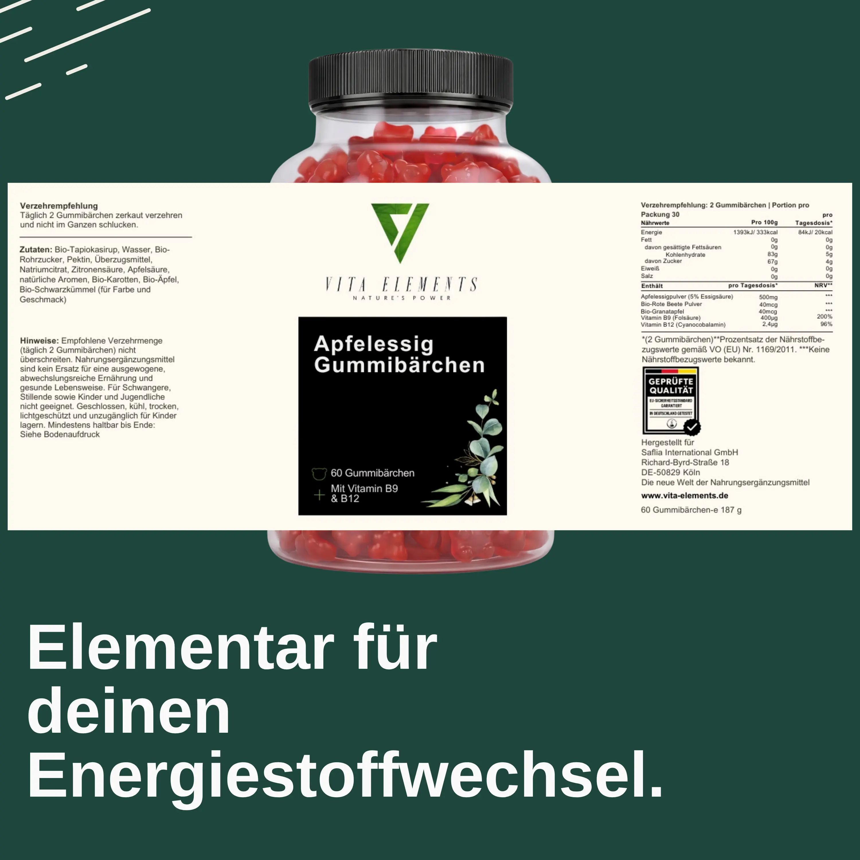 Close-up van het etiket van een fles appelcidergummies met voedingswaarde-informatie en zegel.