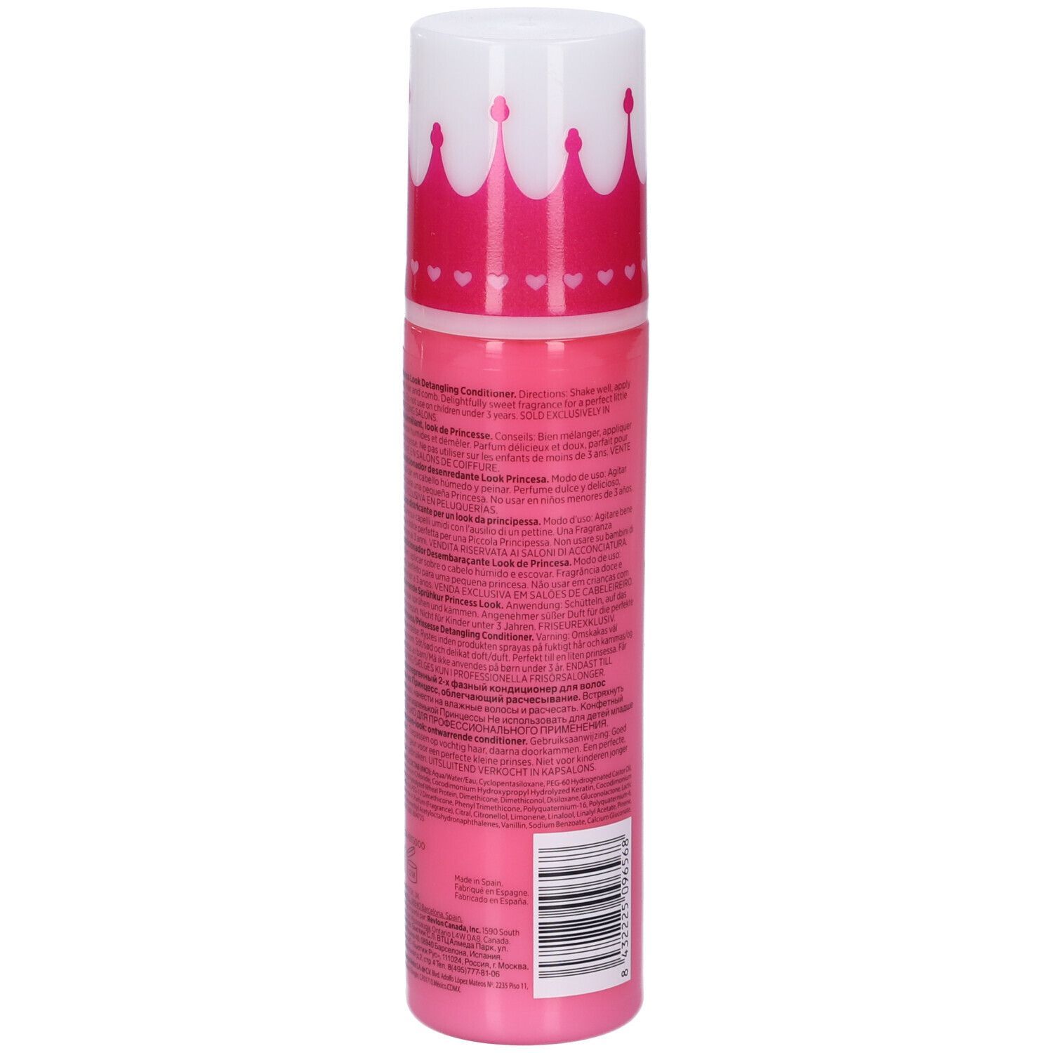 Flacon rose avec bouchon blanc. Inscription: Revlon Equave Kids Princess Look. Texte au dos.