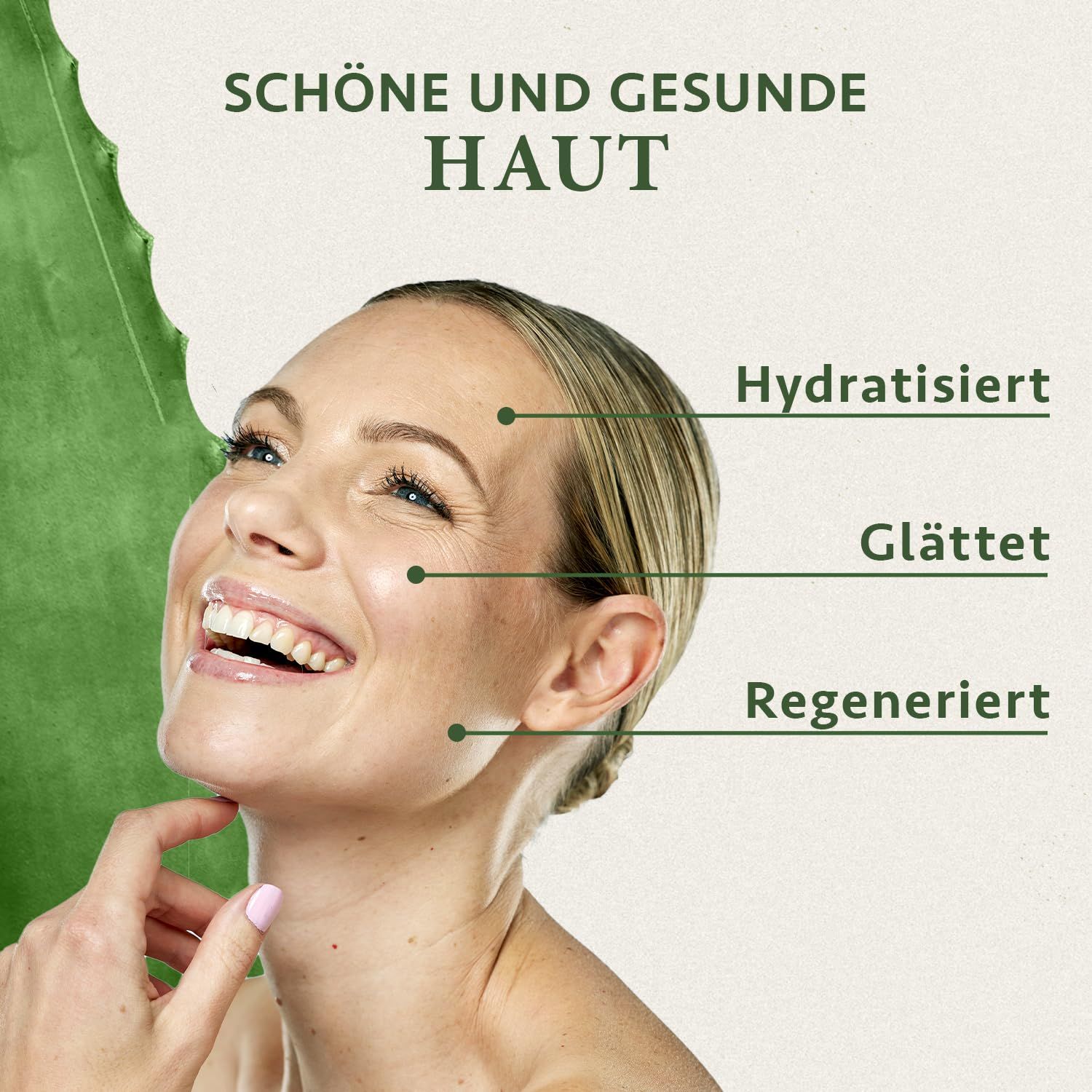 Lachende vrouw met een gladde huid, wijzend op de voordelen van Satin Naturel Hyaluronic Acid Serum.