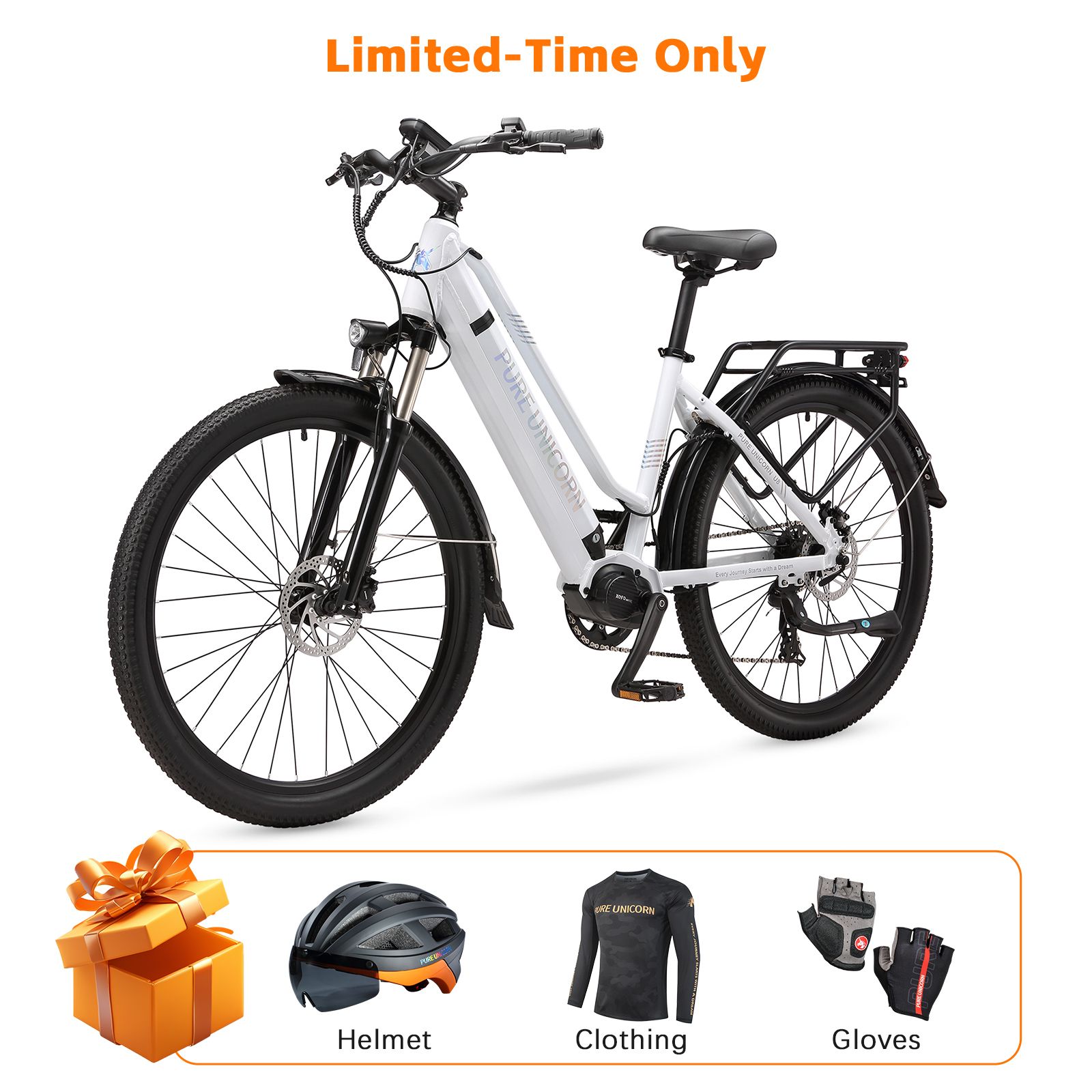 Vélo électrique blanc avec pneus noirs et accessoires : casque, vêtements, gants. Inscription : PURE UNICORN.