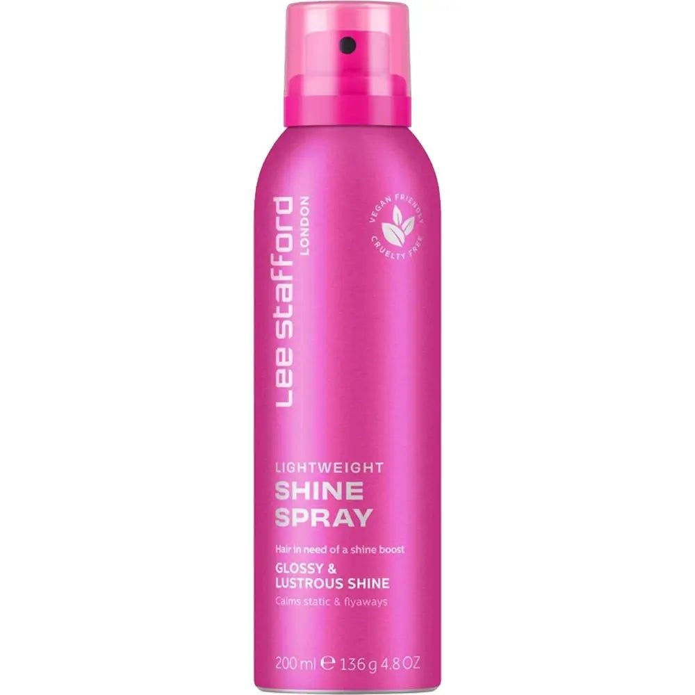Flacon de spray brillance légère Lee Stafford, rose, avec tête de pulvérisation.