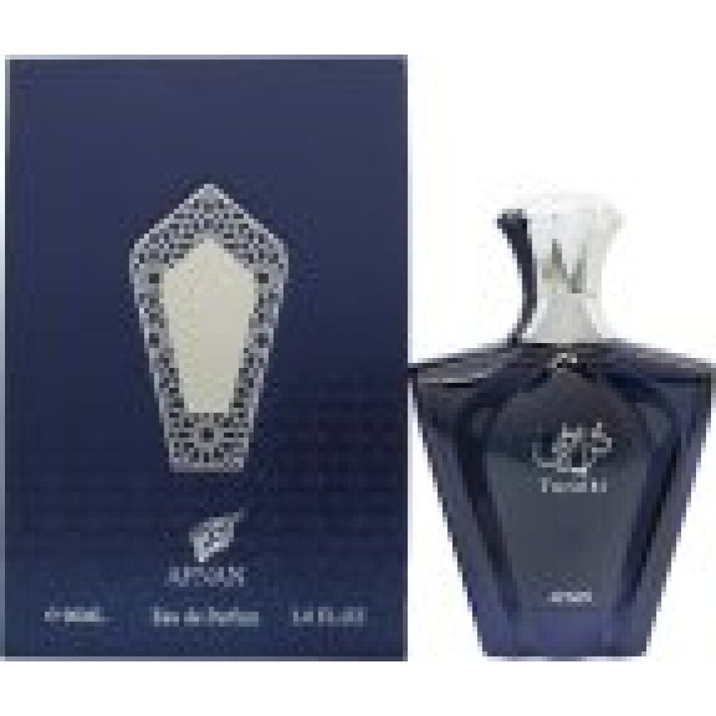 Flacon de parfum et boîte. Inscription "Turathi" et "AFNAN". Boîte avec motif argenté et informations sur le produit.