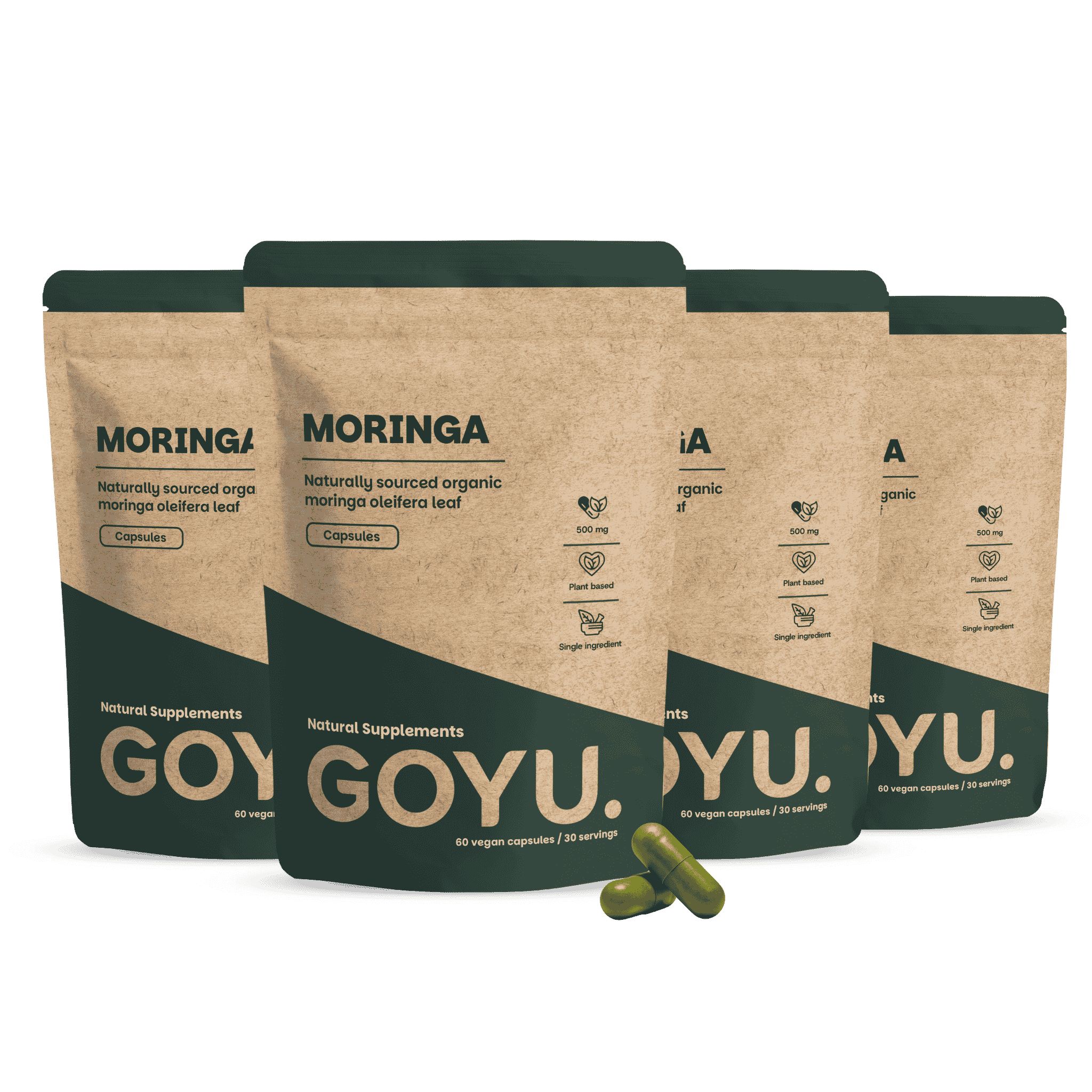 Vier verpakkingen Moringa Kapsels 500 mg Bio Multipack.