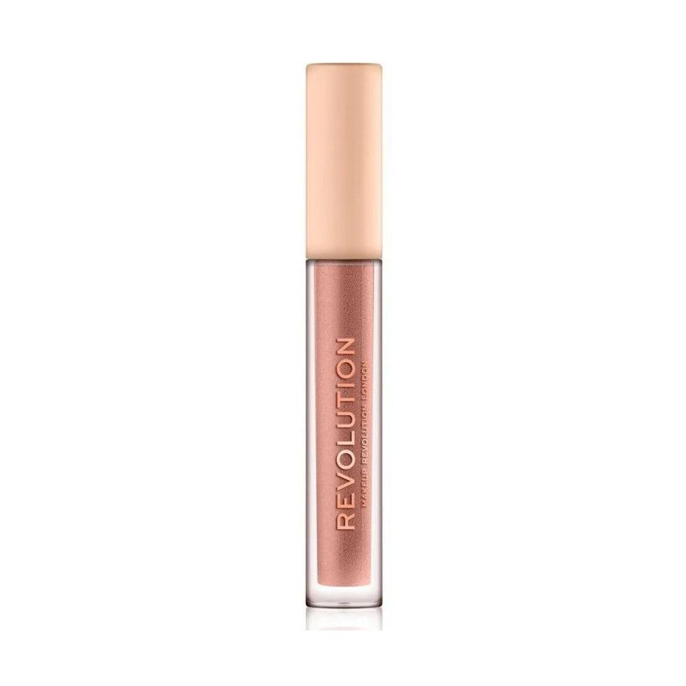 Fard à paupières liquide dans un flacon transparent avec un contenu rose et un couvercle beige. "REVOLUTION" est écrit sur le flacon.