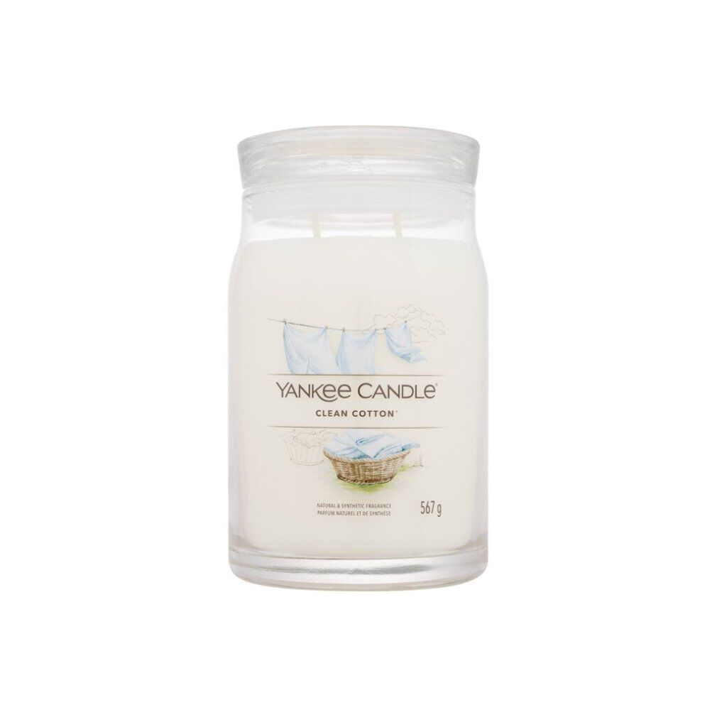 Grote Yankee Candle-kaars met deksel. Opschrift 'Clean Cotton'. Witte kaars in glazen pot. 567 g.