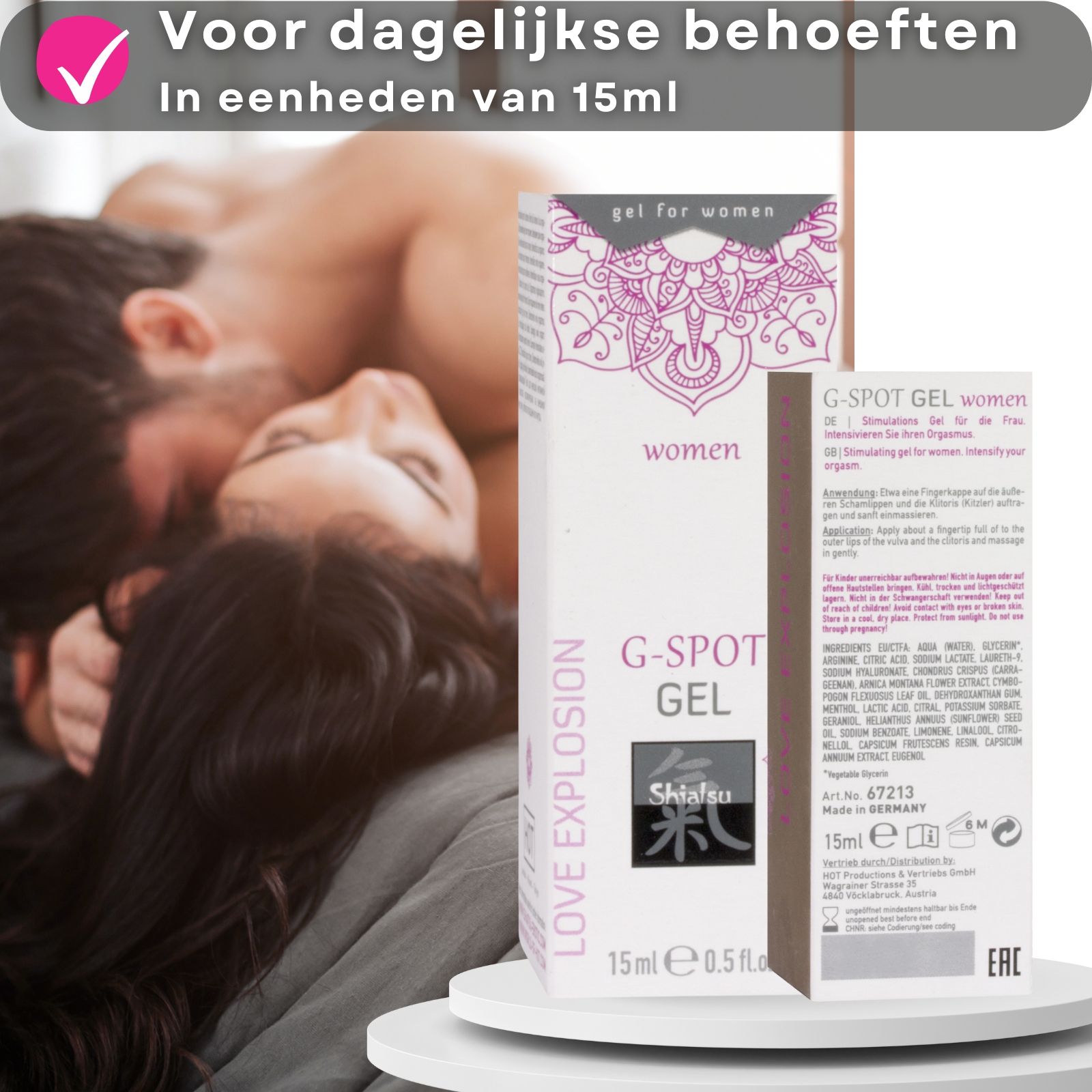 Product en paar. Doos en tekst: G-Spot Gel. Voordelen: dagelijkse behoefte, 15ml.