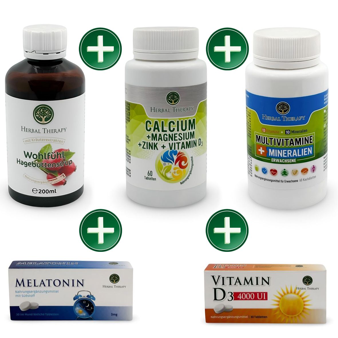 Verschillende voedingssupplementen: fles, tabletten in witte containers en dozen. Opschrift: Herbal Therapy, Calcium, Multivitaminen, Melatonine, Vitamine D3.