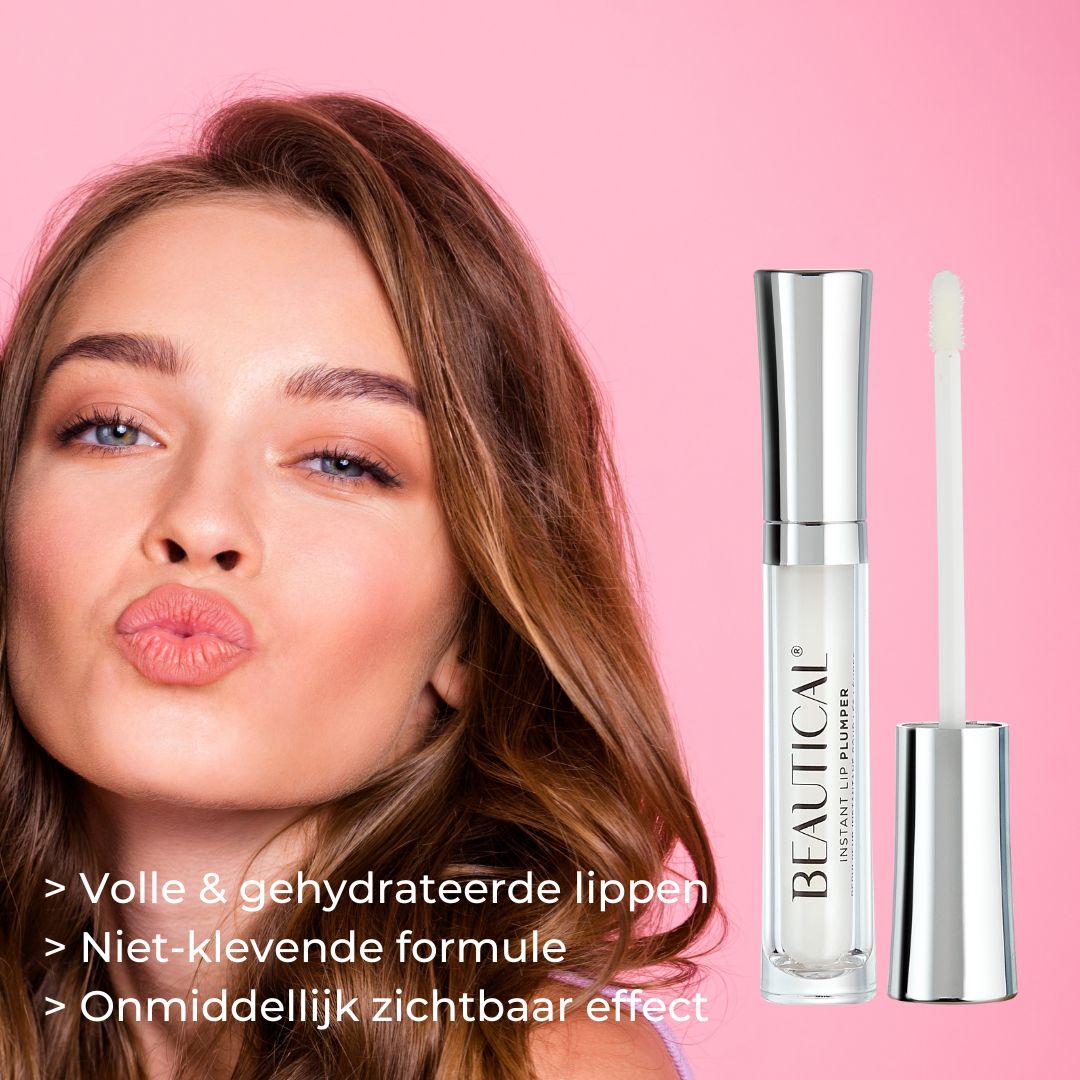 Vrouw met BEAUTICAL Instant Lip Plumper. Product en applicator naast haar. Roze achtergrond.