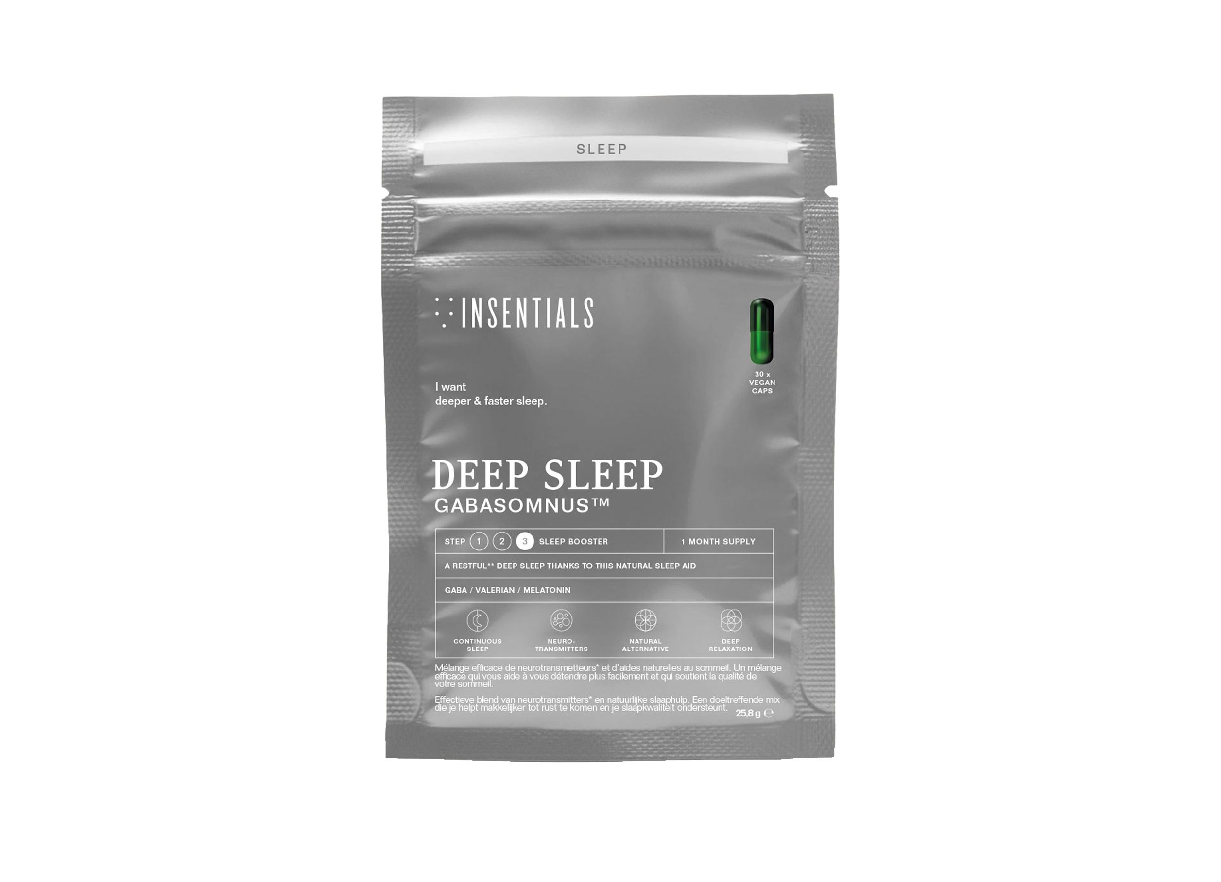 Voorkant van een zilverkleurige verpakking met de tekst 'Insentials Deep Sleep'.