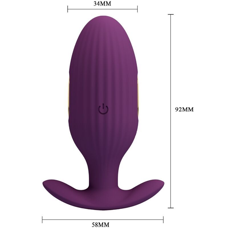 Paarse geribbelde anale plug, afmetingen: 34x92x58mm.
