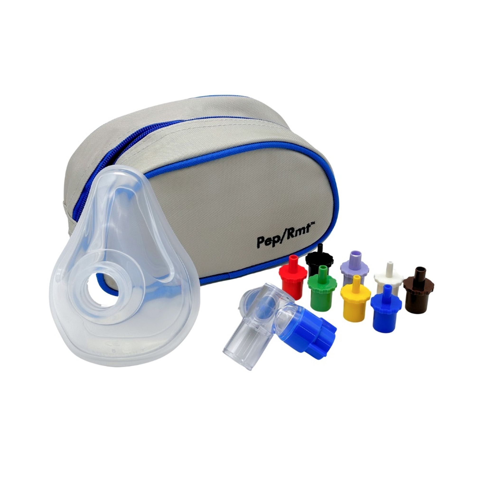 Medische ademhalingsbeschermingskit met masker, adapter en gekleurde filters in een tas.