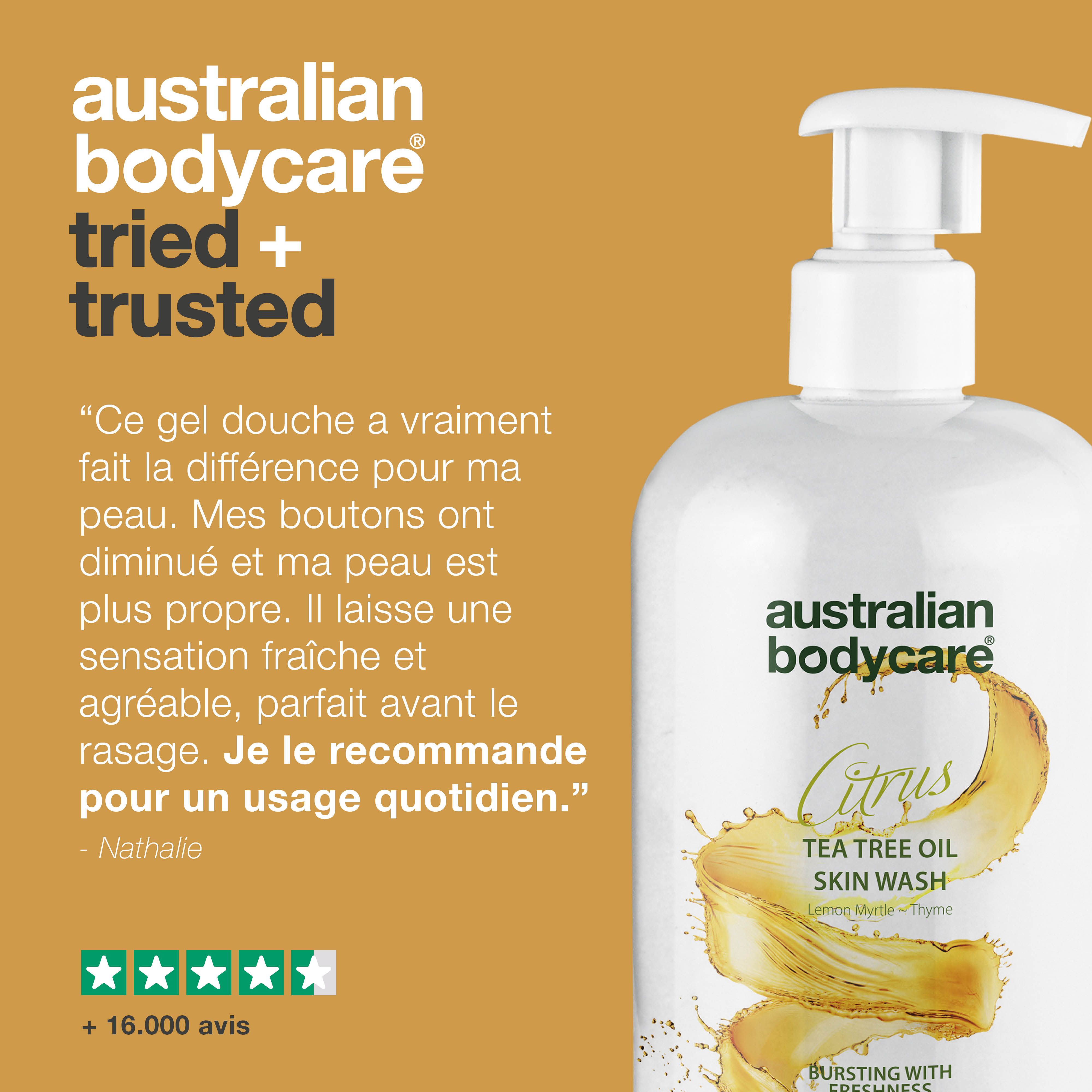 Flacon Australian Bodycare Citrus Skin Wash. Texte: Ce gel douche a vraiment fait la différence pour ma peau.
