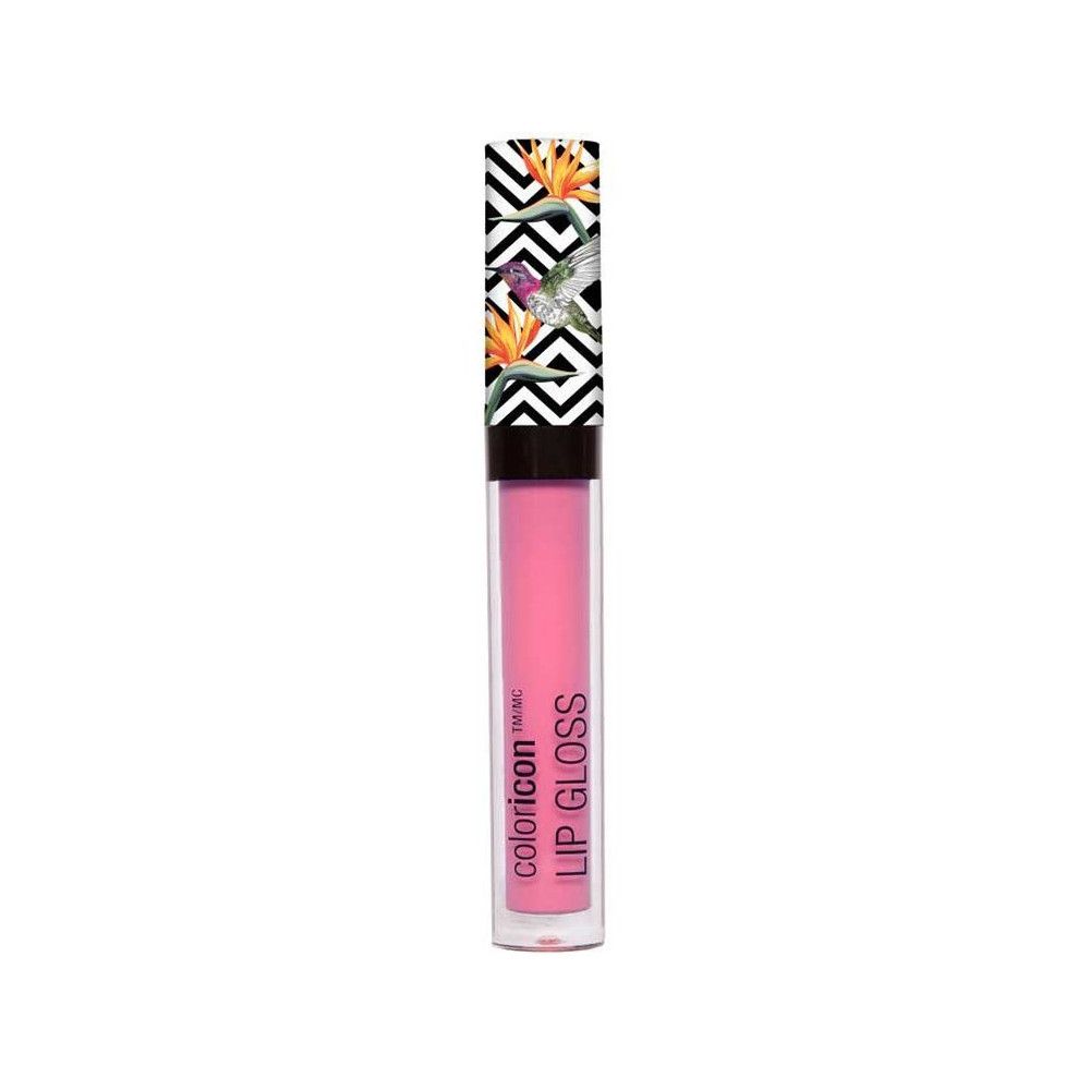 Tube de gloss rose. Bouchon noir à chevrons blancs et motif floral. Inscription "coloricon" et "LIP GLOSS".
