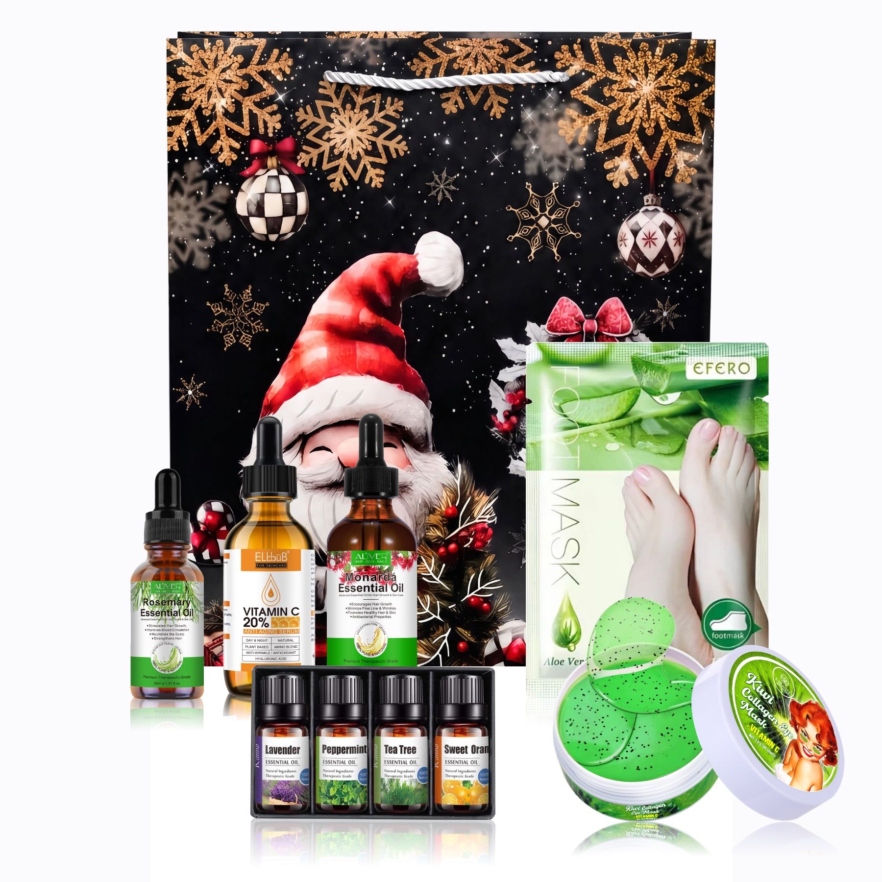 Coffret cadeau de soins de la peau et huiles essentielles, présenté dans un sac de Noël.